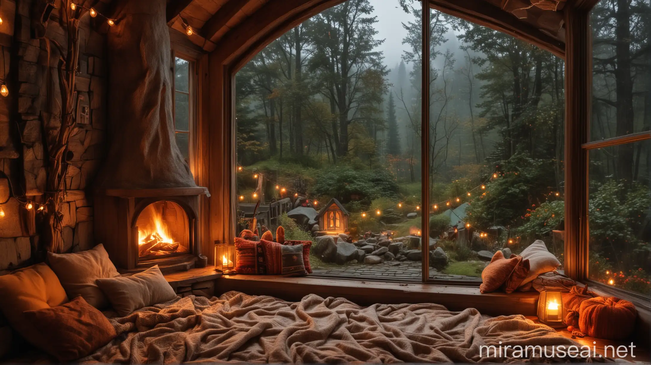  Cozy hobbit house room, with two small cozy  pillows, string lights, blankets, a roaring fireplace, big window with a rainy fall night deep forest view., Mysterious with fireplace With window waterfall view