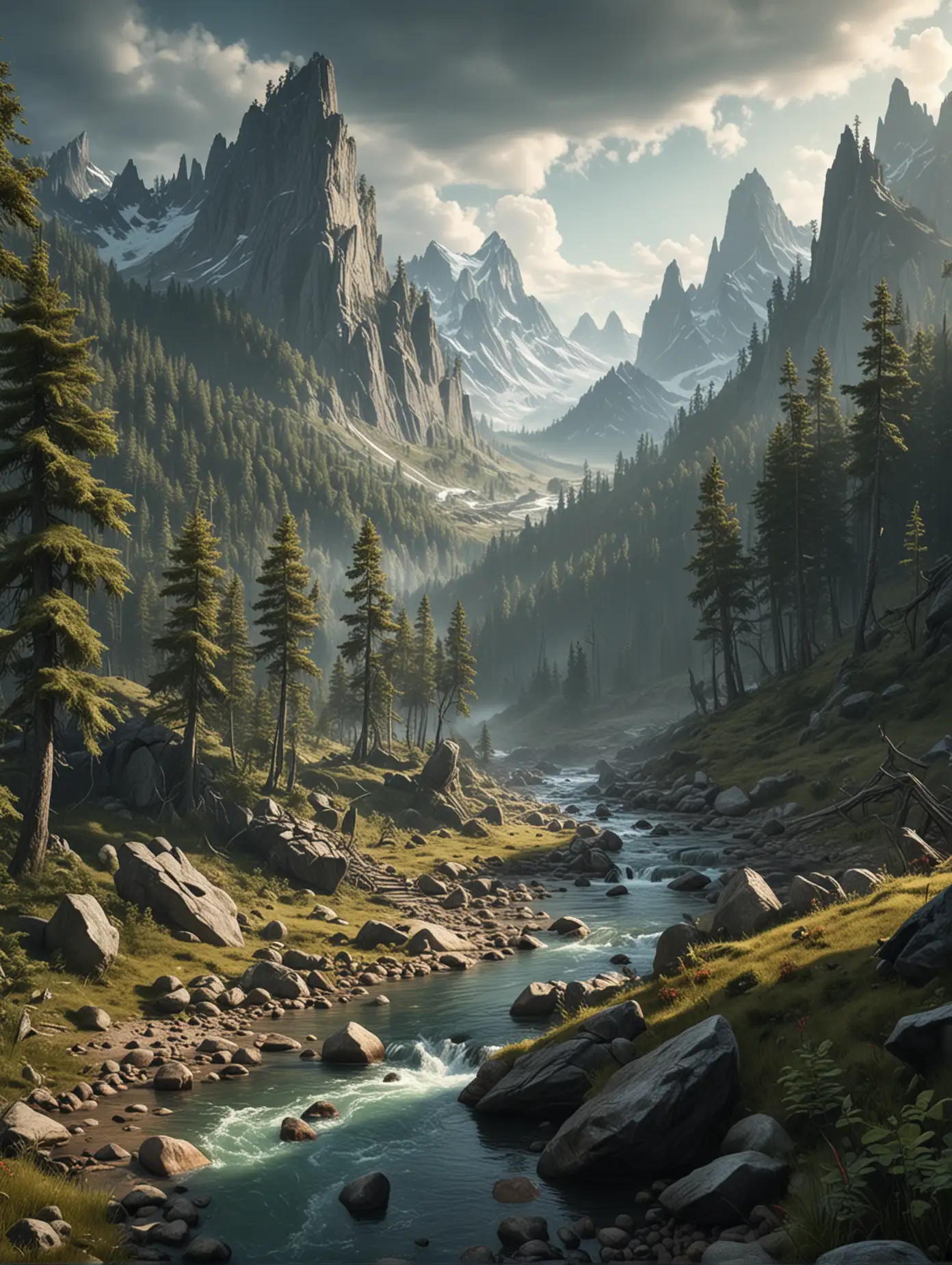 Mysterious mountains, primeval forests, rivers, illustrations, 8k high-definition, full of details, detailed details