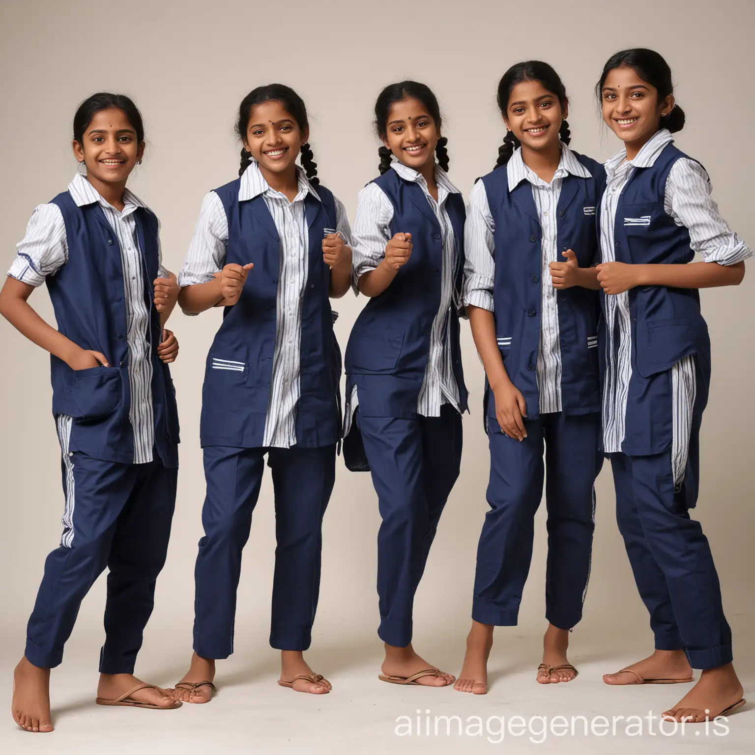 In Kerala, at least 5 students who have turned 18 celebrate their success by dancing and jumping. School Uniform: dark blue pants. Well tied dark blue sleeveless short jackets over long kurtas with white and light blue stripes. dark blue pants. White background.