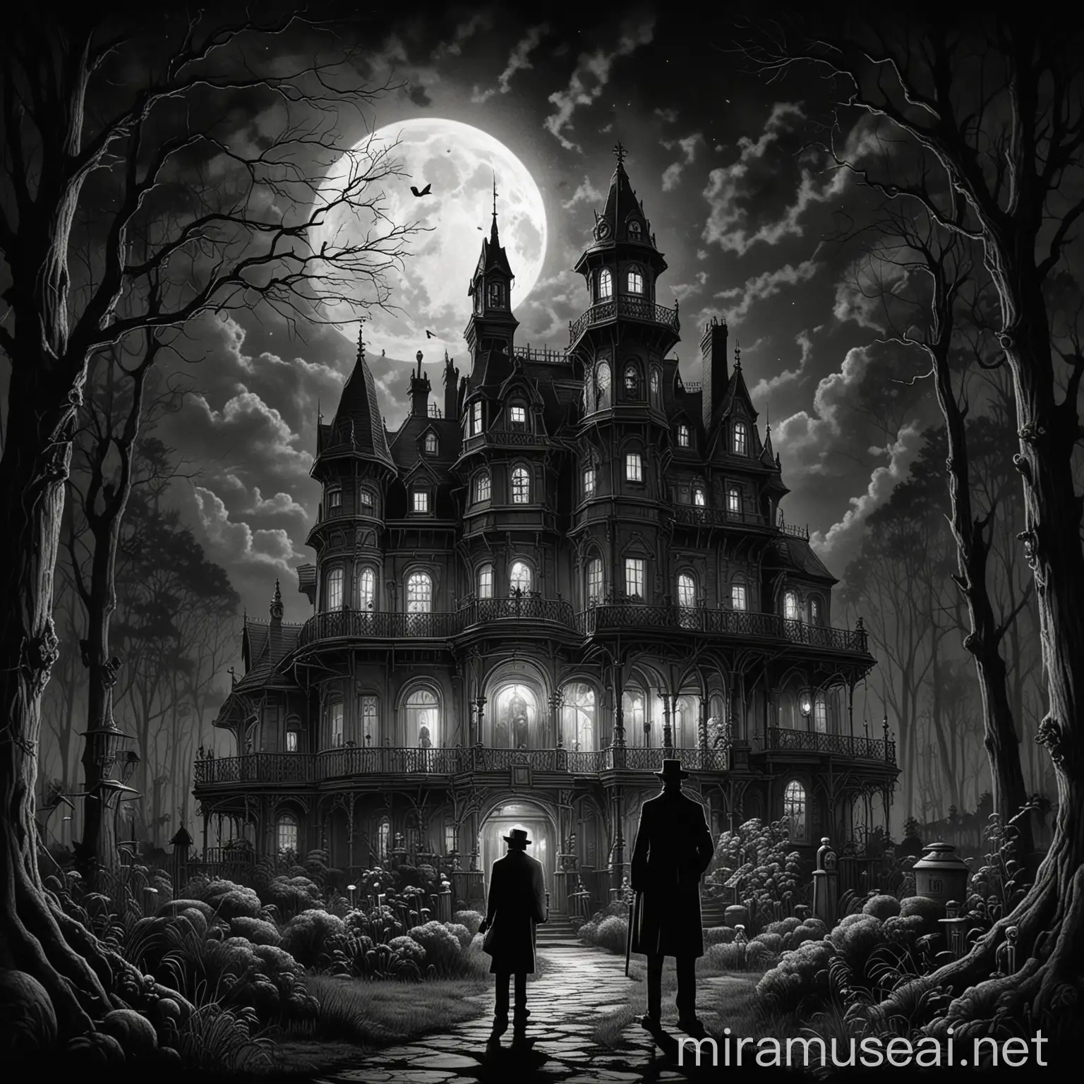 A Tim Burton-style drawing of a 1920's noir detective standing next to a giant Victorian boss house with many turrets and rooms in a shadowy forest with gardens, on a full moon night