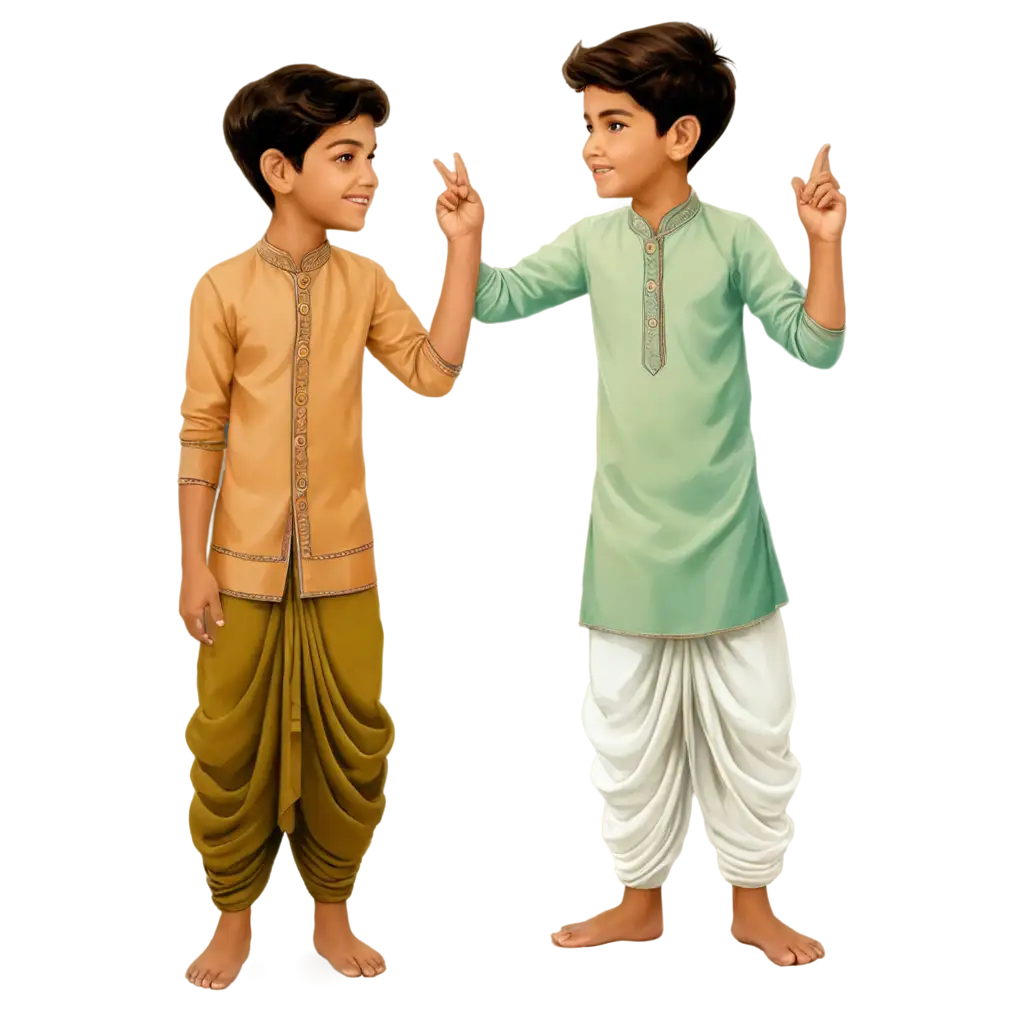 Color-Embossed-Sharwani-Dhoti-Indian-Traditional-Outfit-Cartoon-Image-PNG-Two-Brothers-Ages-13-and-10