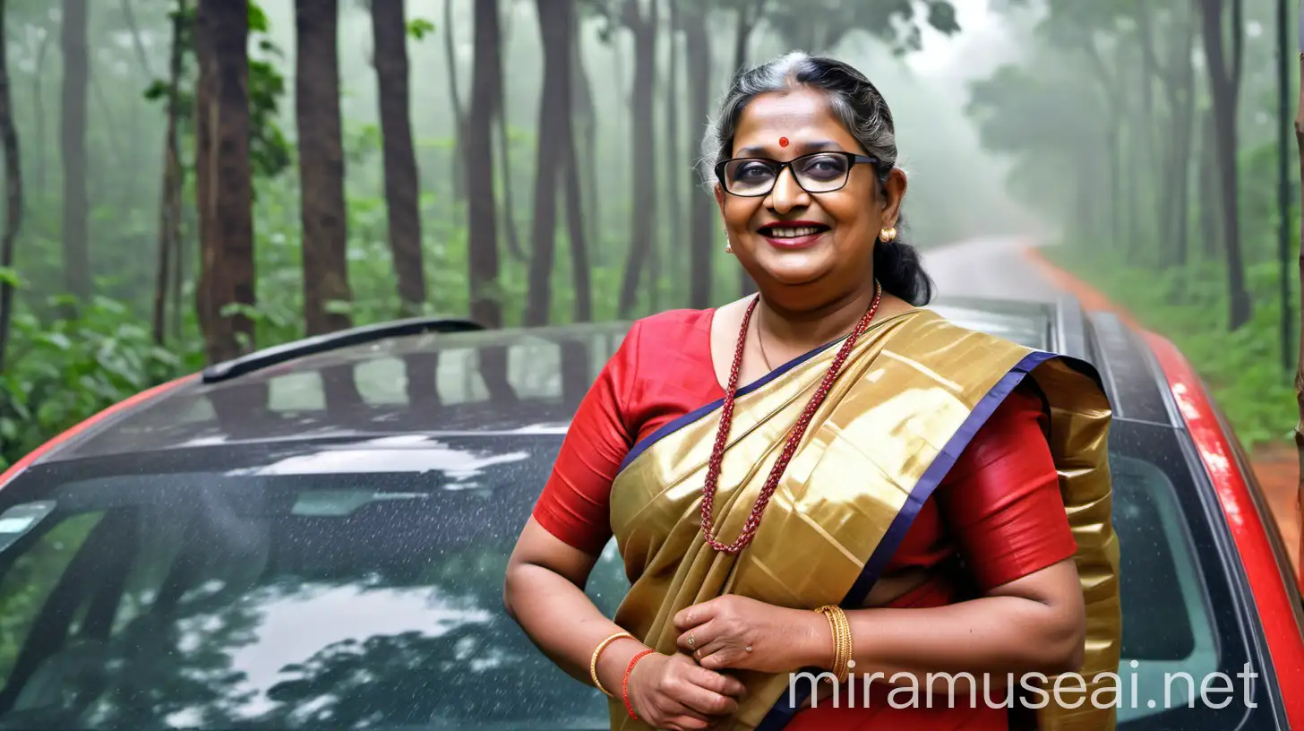 a fat mature indian lady having age 46 with makeup, with thick hair with French braid hairstyle  and wearing a spectacles on face , wearing a golden saree and red blouse , standing near a car on a forest road. a vanity bag is on her shoulder. she is happy and smiling . its raining heavy. 