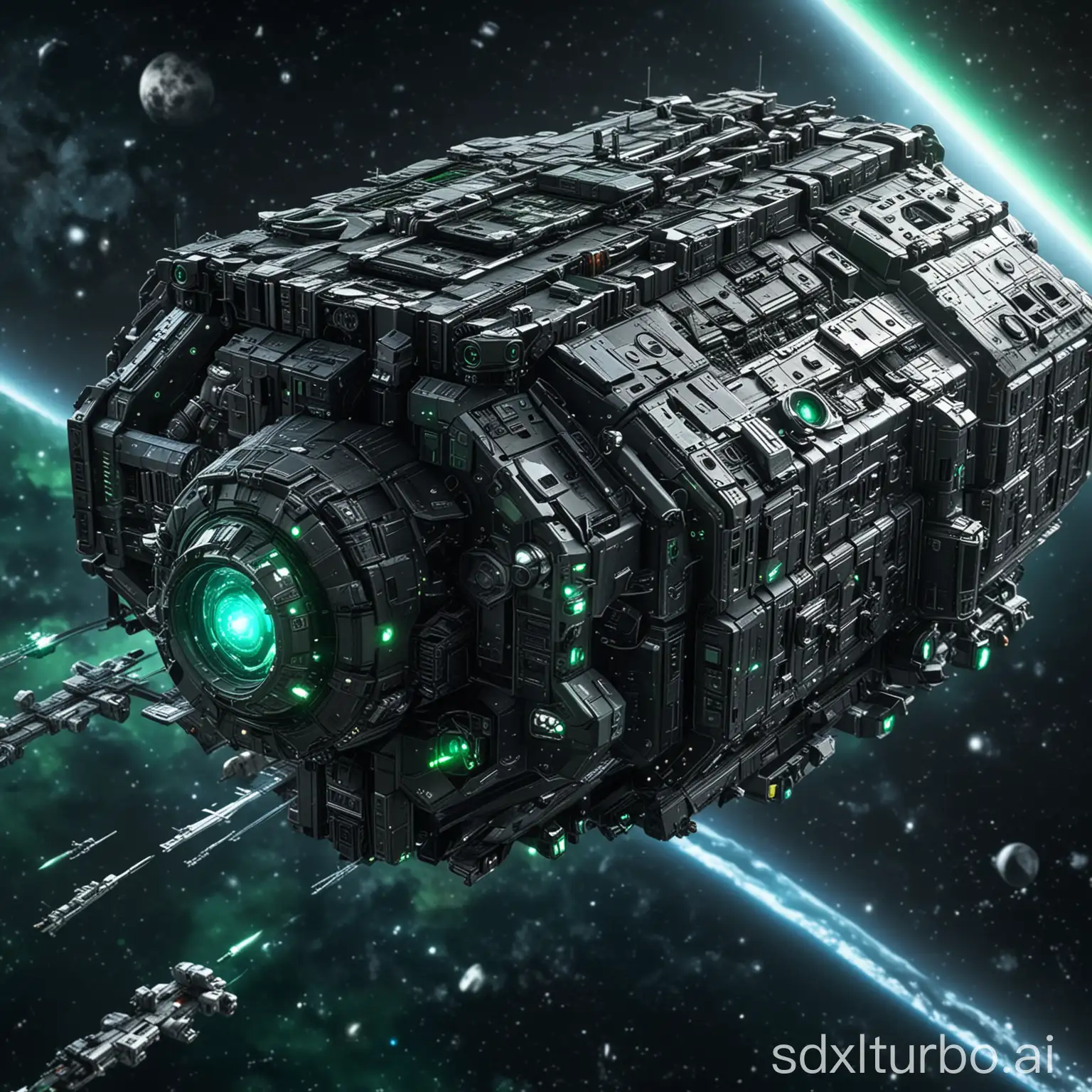 An ultra HD photo from outside an isometric extremely detailed space station with green lights, dark atmosphere, for a strategy game graphic, station complete on the image, starfield in the background, negative prompt: out of focus, depth of field, lens blur