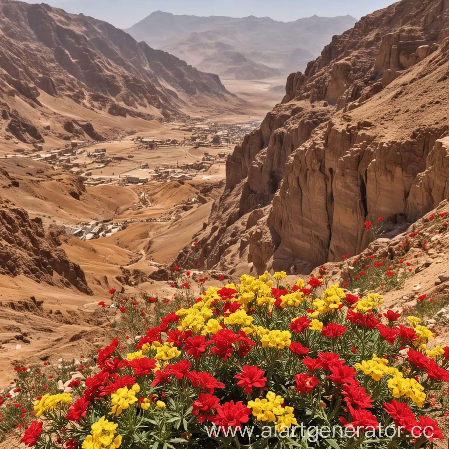 Vibrant-Crown-Atop-Majestic-Egyptian-Mountains-Amidst-Blossoming-Flowers