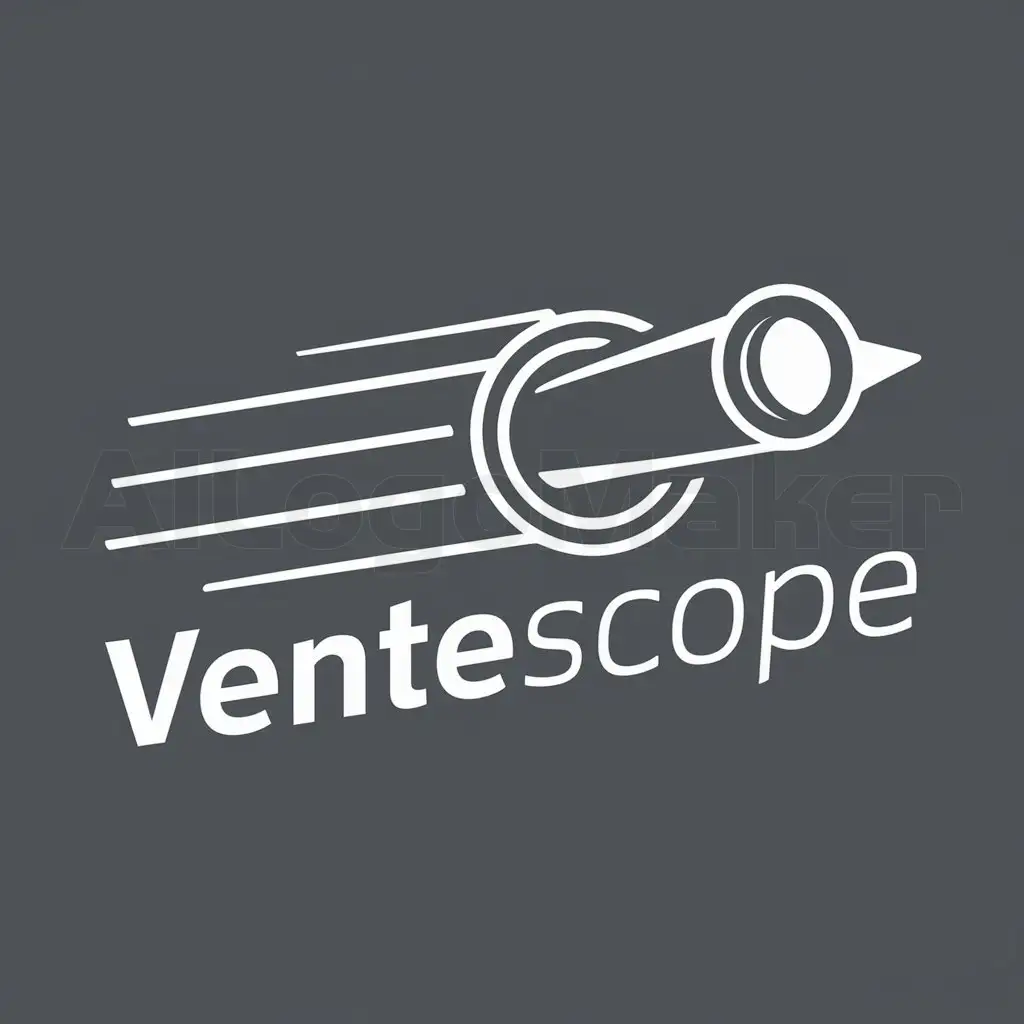 a logo design,with the text "ventescope", main symbol:Simple telescope symbol with a round lens pointing to the right, indicating a view into the future. The name 'VenteScope' is written in a modern font below or beside the telescope symbol. Smooth lines or flow surrounding the telescope to give a dynamic and fast impression.,Moderate,clear background
