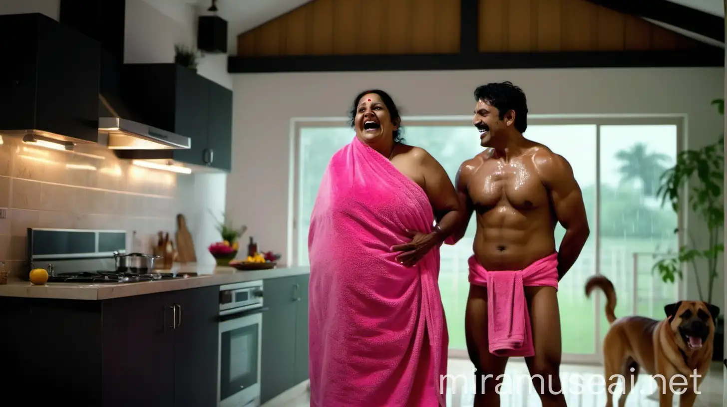 a 23 years indian muscular man is standing with a 49 years  indian mature fat woman   . both are wearing wet neon pink bath towel and   in a kitchen ,and are happy and laughing. and a  big dog is near them. they are in a big luxurious farm house . its morning time and lights are there. its raining .