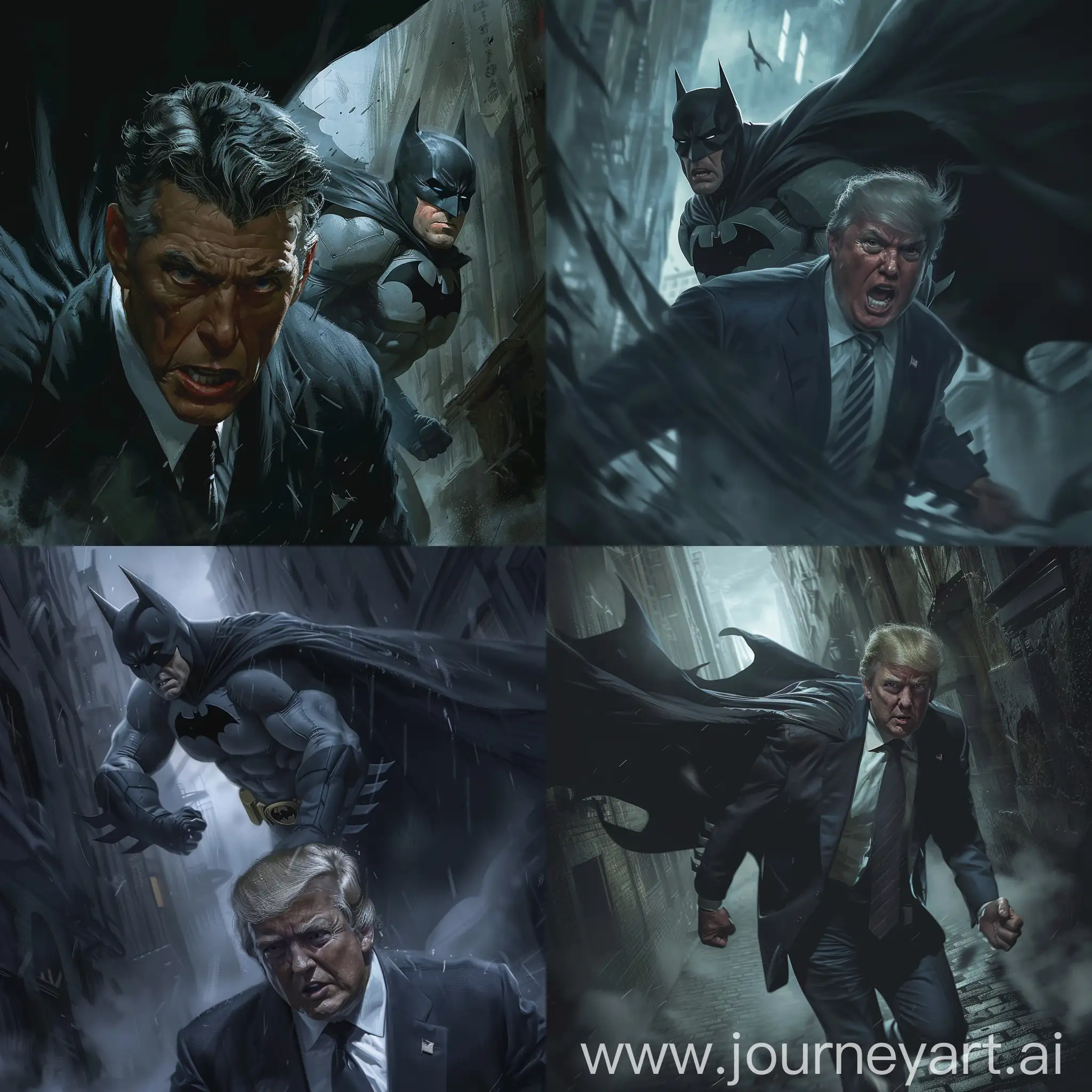 On a dark and foggy night, he, the well-known politician and entrepreneur who had served as the President of the United States, was panting heavily as he navigated through the narrow, winding alleys of the city, glancing over his shoulder. The sound of Batman's cape flapping in the wind could be heard. His controversial views and direct behavior no longer mattered at this moment, as his sole aim was to escape from the Dark Knight. With each step he took, Batman's long and terrifying shadows drew closer. The policies he once focused on—national interests, strengthening the domestic economy, and immigration and foreign affairs—were now pushed to the back of his mind. All his attention was on escaping his relentless pursuer.
