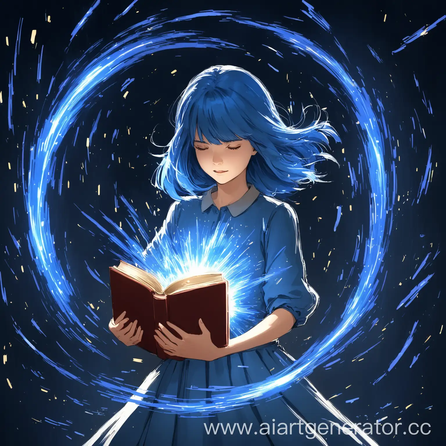 Девушка с синими волосами кружиться и вокруг нее сверкают синие искры, в руках она держит книгу