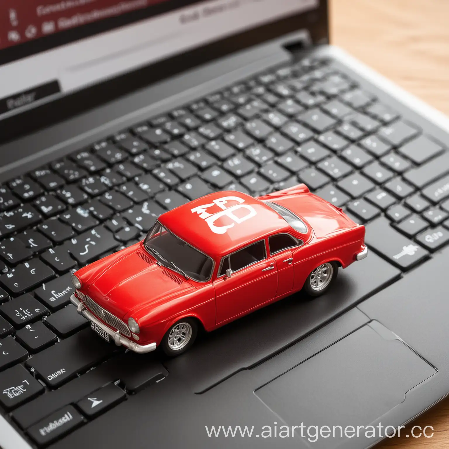 Красная машина  на ноутбуке c надписью RedCar 