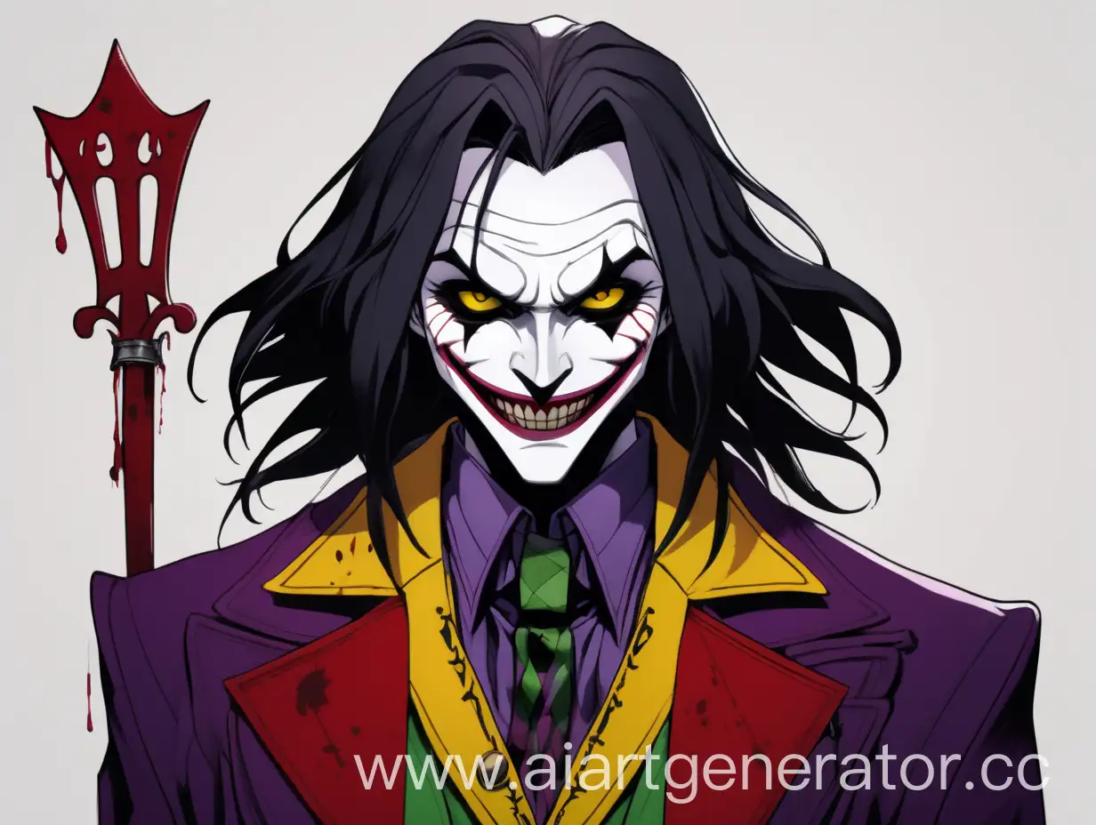 A character with black hair, shoulder-length and tousled. Bright yellow eyes and pale skin. An inverted triangle face shape with scars on the cheeks resembling the Joker or Jeff the Killer. Height 180 cm, slender build. Wearing a blood-red and black jester costume with colorful elements and bells. The character has a constant mad smile that shines in the dark.