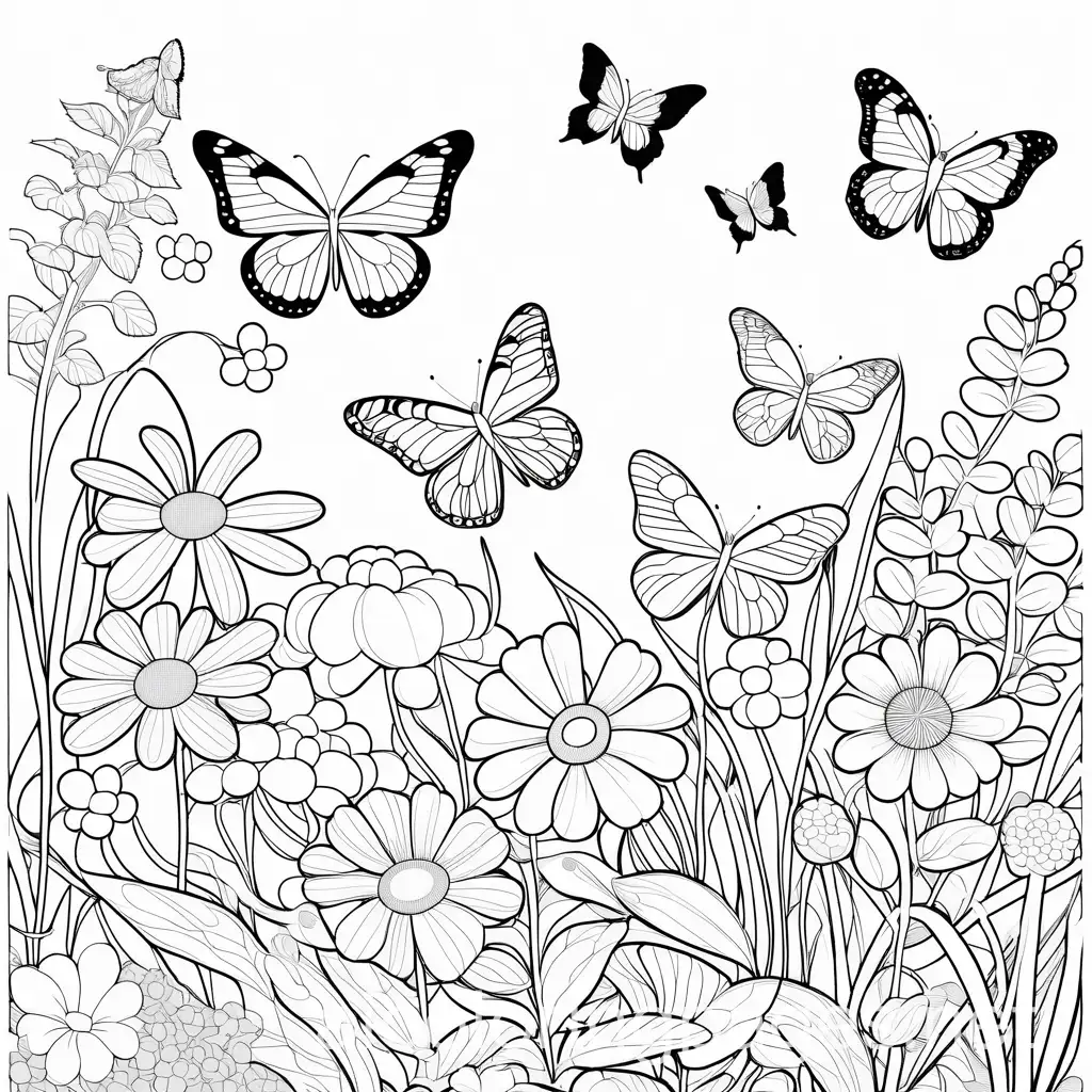 butterflies in garden, Coloring Page, black and white, line art, white background, Simplicity, Ample White Space. The background of the coloring page is plain white to make it easy for young children to color within the lines. The outlines of all the subjects are easy to distinguish, making it simple for kids to color without too much difficulty