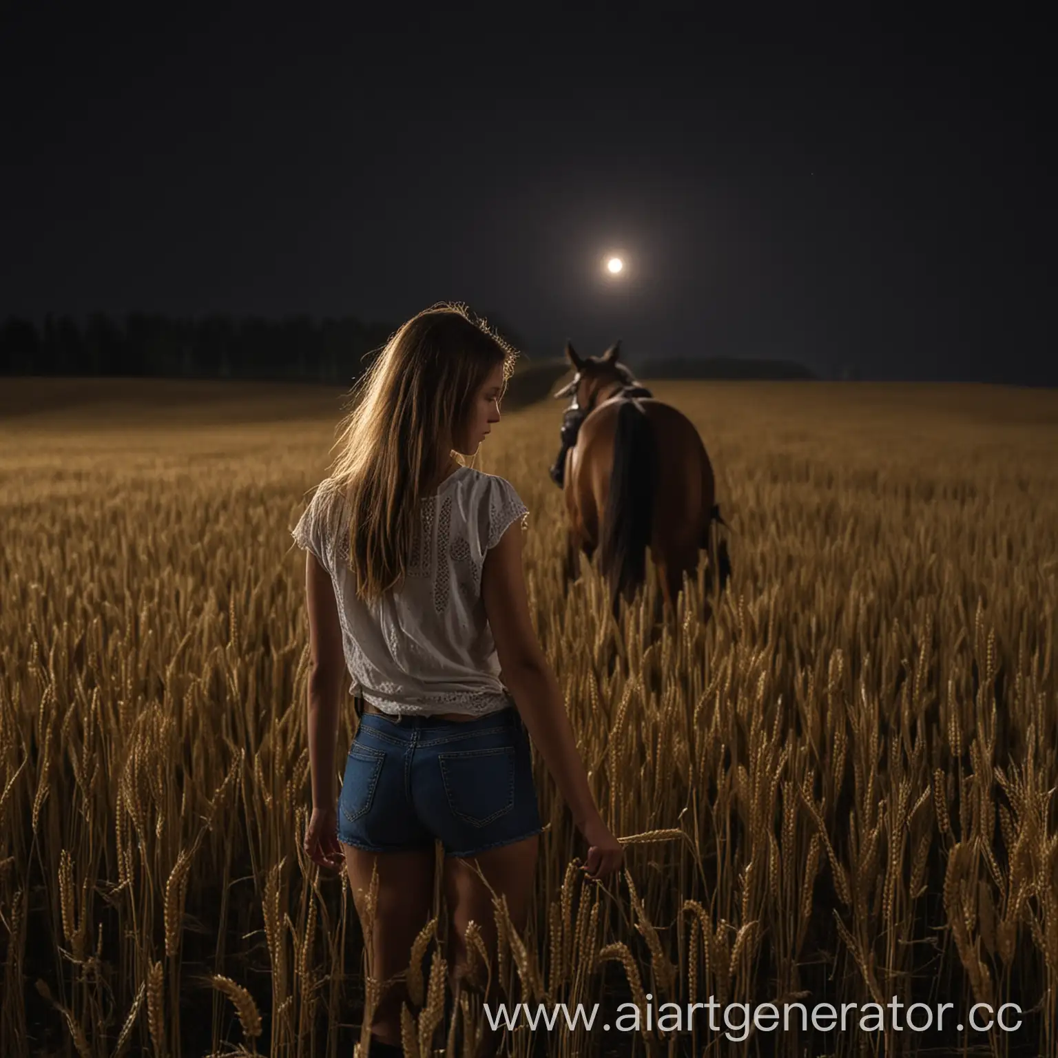 Девушка со спины  конь поле ночь украина пшеница
