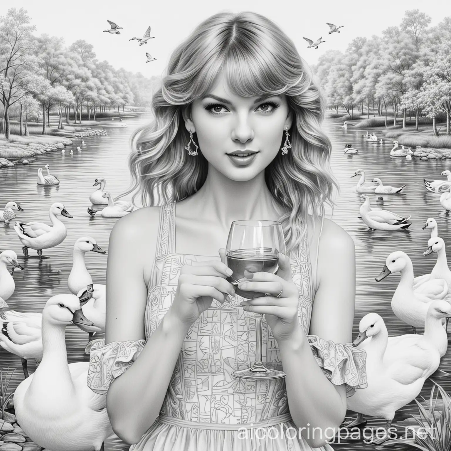 Taylor swift coloring page. She is holding an aperol spritz, and surrounded by ducks, Coloring Page, black and white, line art, white background, Simplicity, Ample White Space. The background of the coloring page is plain white to make it easy for young children to color within the lines. The outlines of all the subjects are easy to distinguish, making it simple for kids to color without too much difficulty