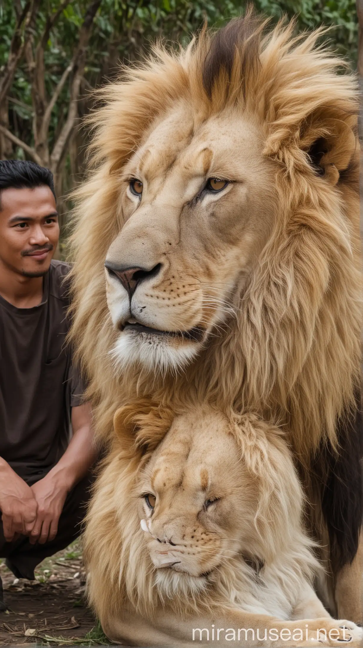 Indonesian Man Standing Beside Majestic Lion