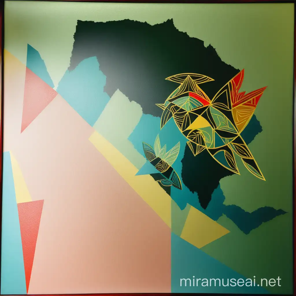 Vibrant Manabu Mabe Style Engraving with Stylized Geometric Figures