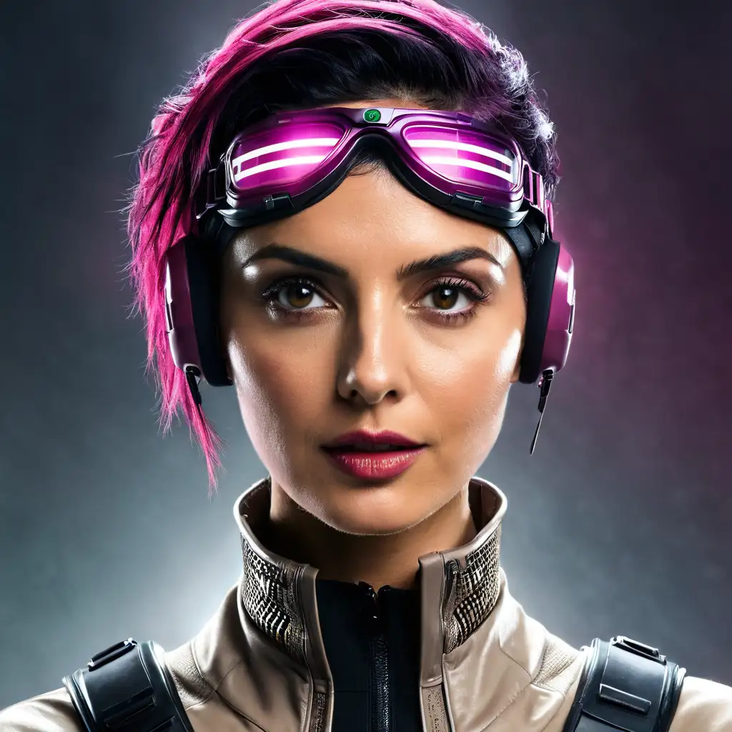 Morena Baccarin as a cyberpunk, she has dark pink hair, she wears goggles on her head,
