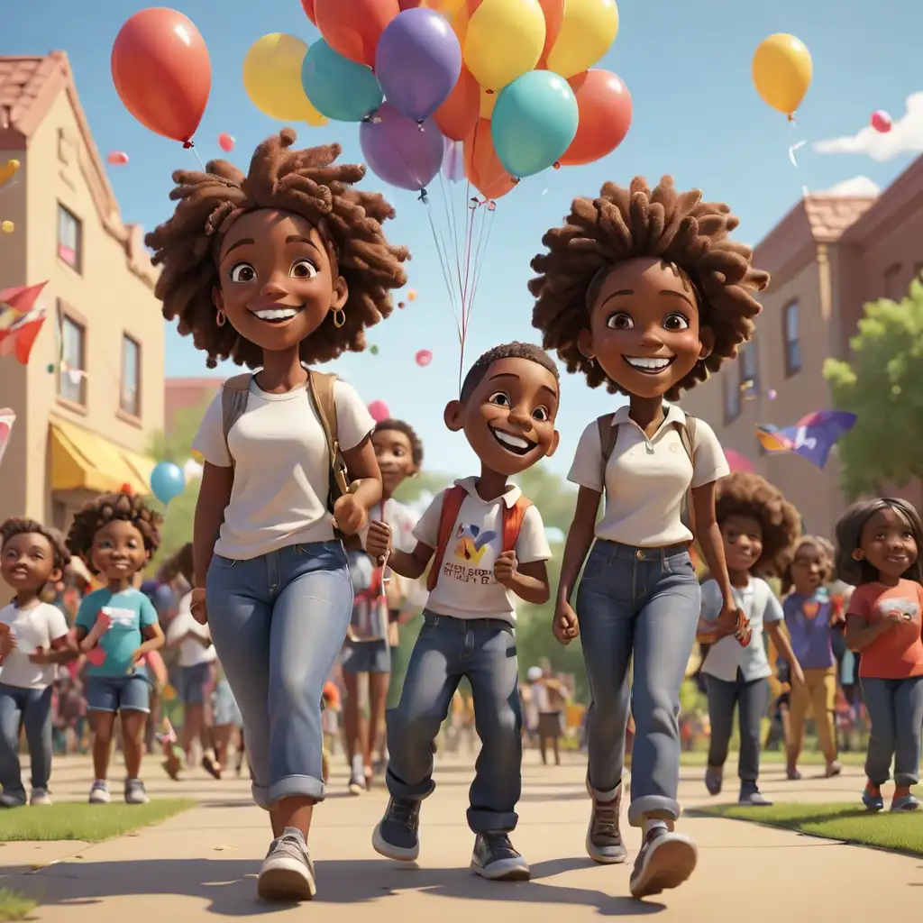 defined 3D cartoon-style African Americans at the community center park with balloons and flags in New Mexico smiling 
