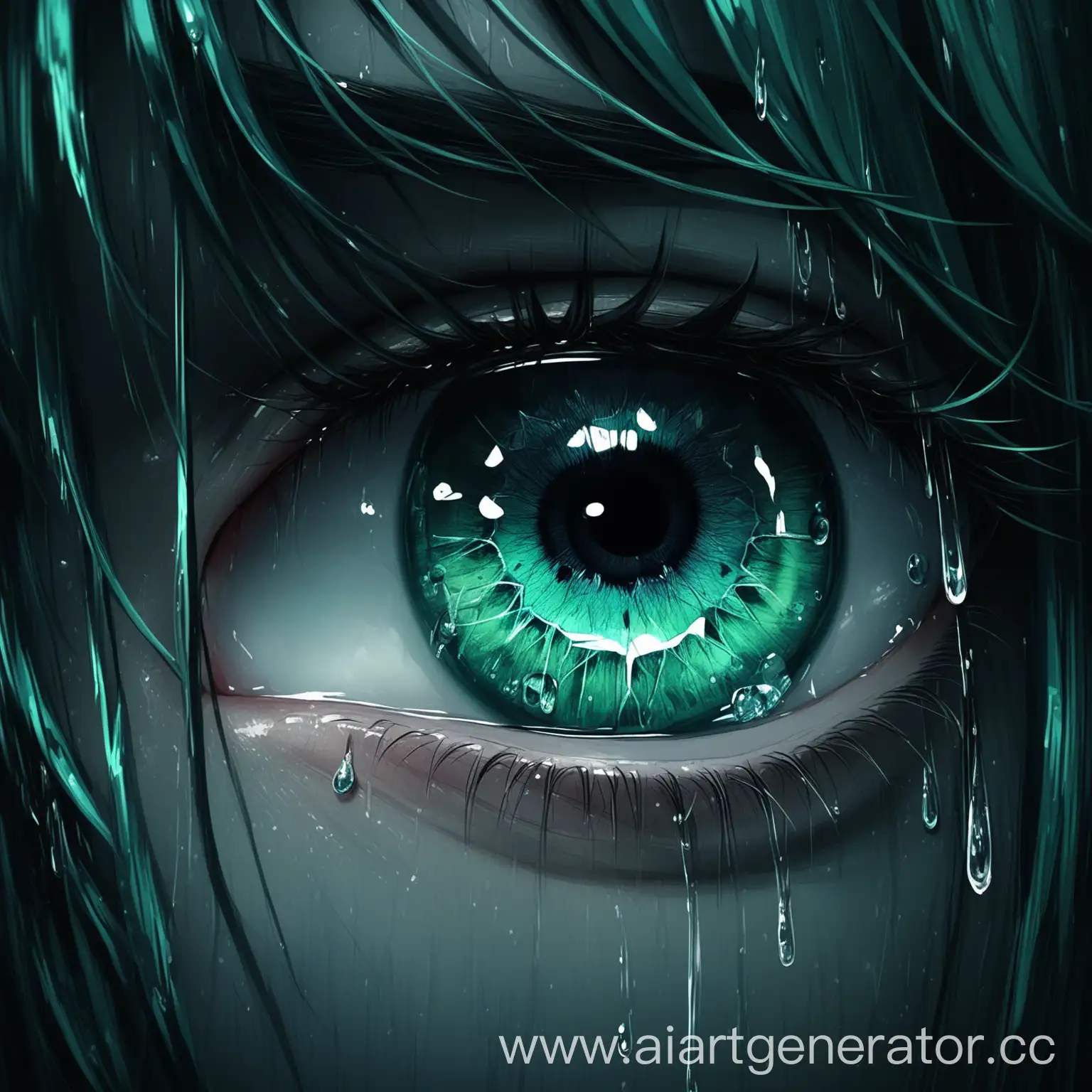 Голубо-зеленый глаз плачет, крупным планом, темное изображение