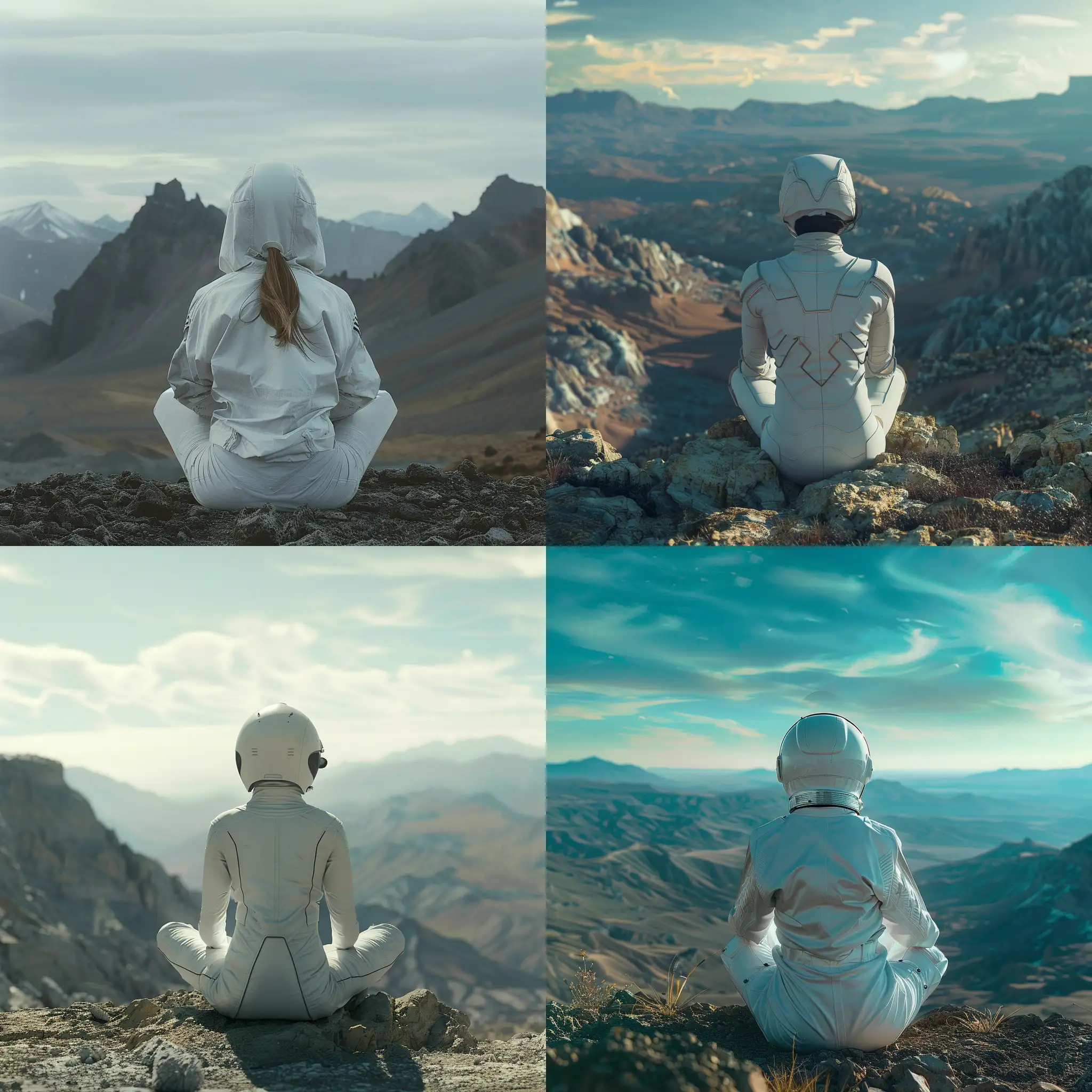 Фантастическая планета, девушка в белом космическом костюме сидит спиной, горизонт, горы,  выездное небо, 8k, плёночная фотография, ультодетализация, рассеяние света, резкий фокус, высокая детализация 