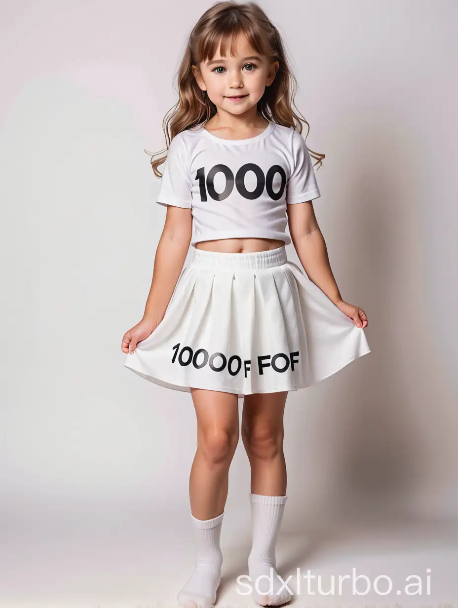 A little girl in a white fluffy knee-length skirt, with '1000F' written on her clothes, full-body photo.