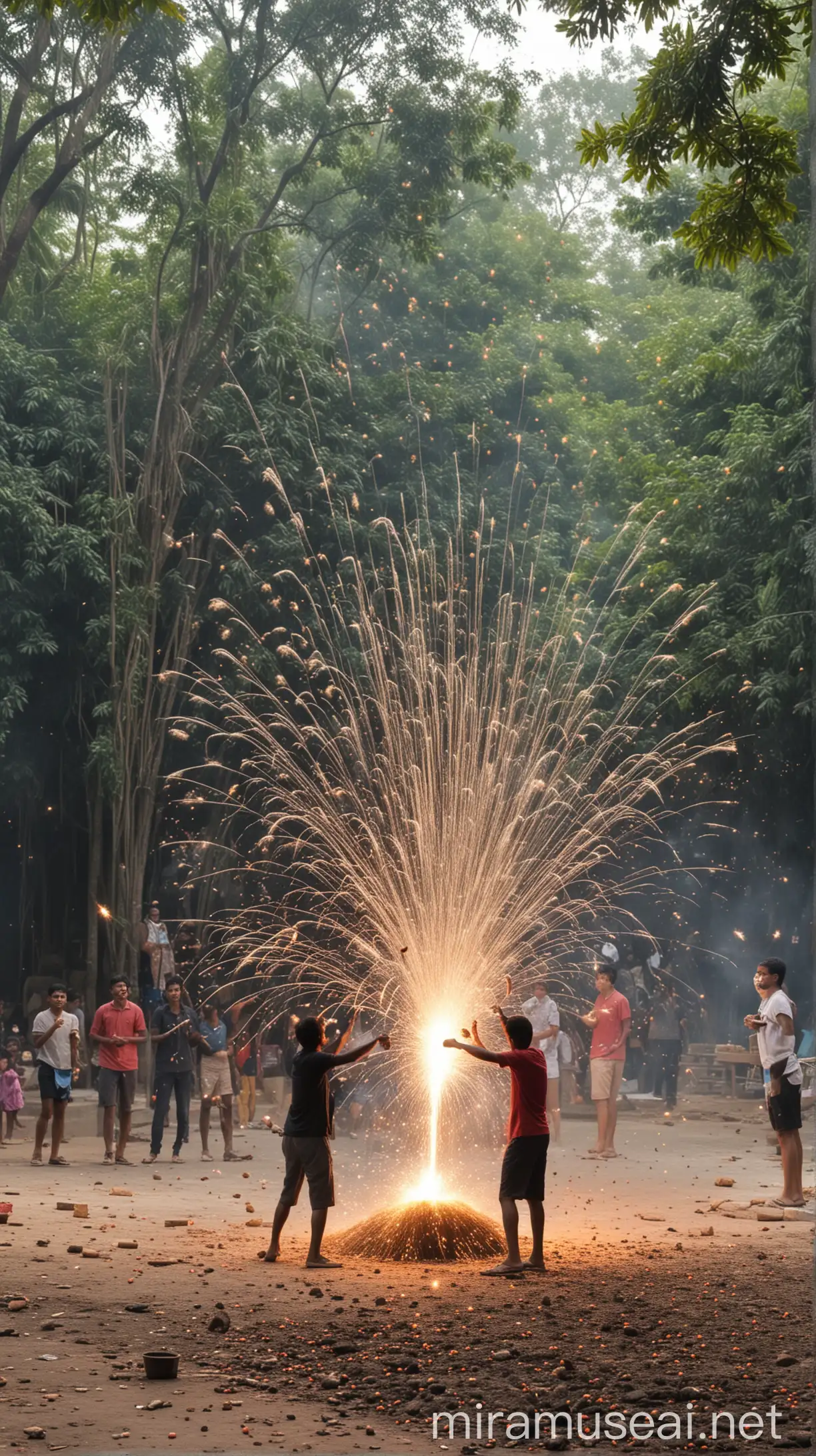 people celebrating by bursting crackers that burst by expeling seeds that allow trees to grow in surrounded area. day time
