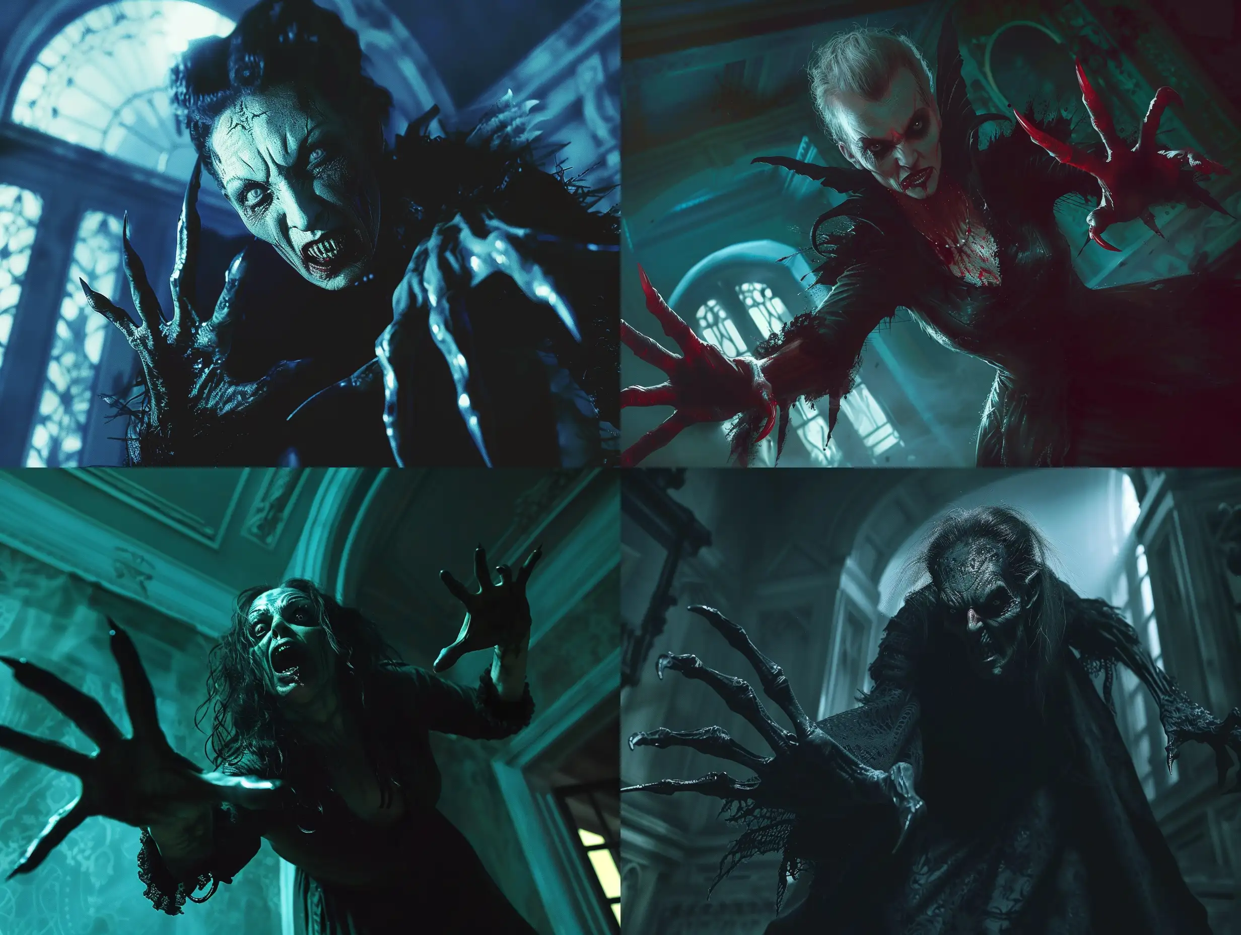 A wild and ugly vampire woman, with a menacing and terrifying presence, is the central focus of the image. Her extra-long pointed fingernails resemble sharp claws, adding to her fearsome appearance. The scene is set inside a dimly lit, eerie room, intensifying the horror element and creating a cinematic feel. The hyper-realistic style with intricate detailing captures every chilling aspect of the vampire woman's features, while the dark and haunting coloring adds to the ominous atmosphere. The atmospheric lighting heightens the creepy vibe, enhancing the sense of dread. The vampire woman's aggressive posture and terrifying expression suggest that she has just emerged from the darkness, evoking a palpable sense of suspense and fear."