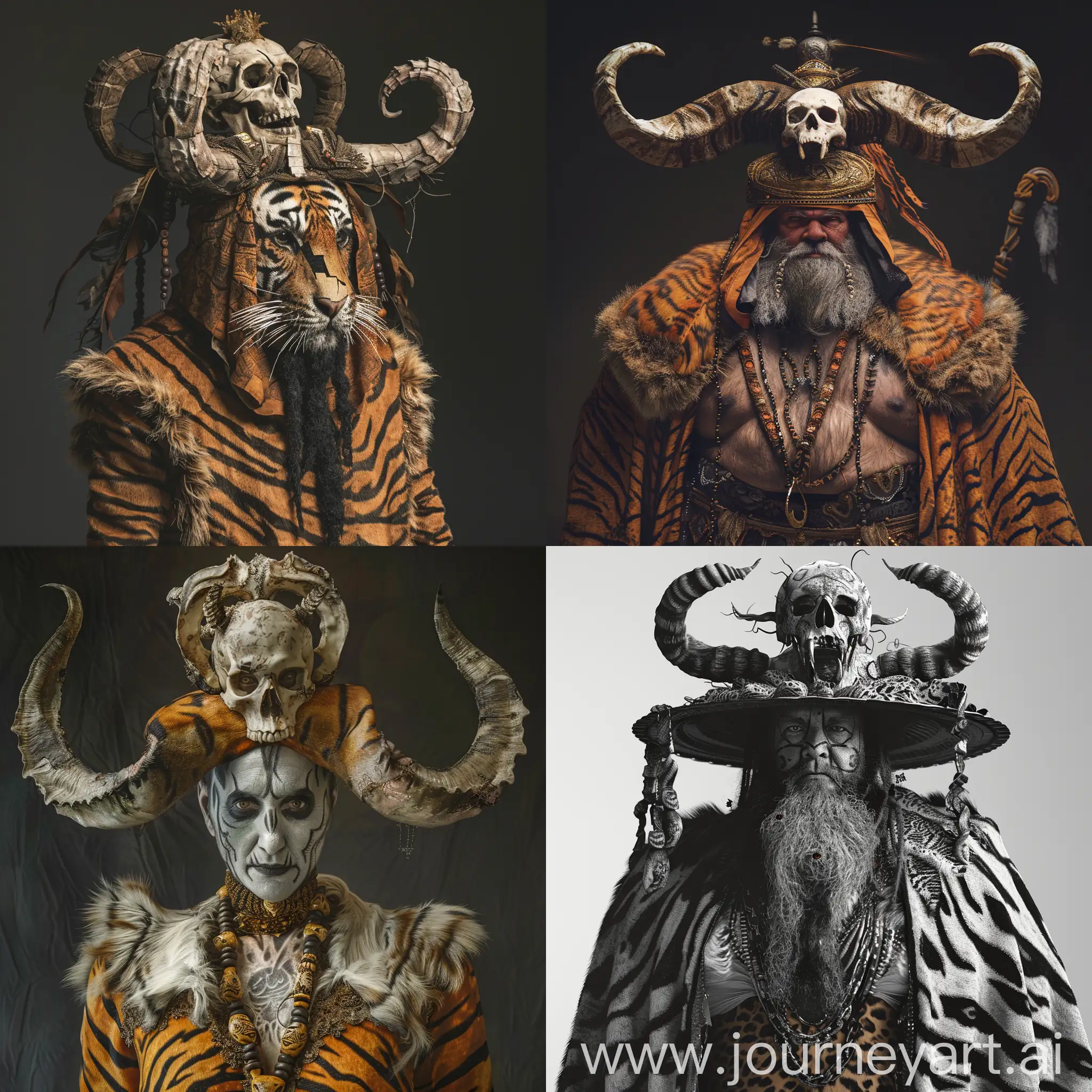 Based on the data available on the Persian web, reconstruct for me the face of Rostam Dostan, the legendary warrior of the Shahnameh. To help you, I will tell you some of his characteristics: a large figure with a tiger skin dress and a hat made of the skull of a horned demon.