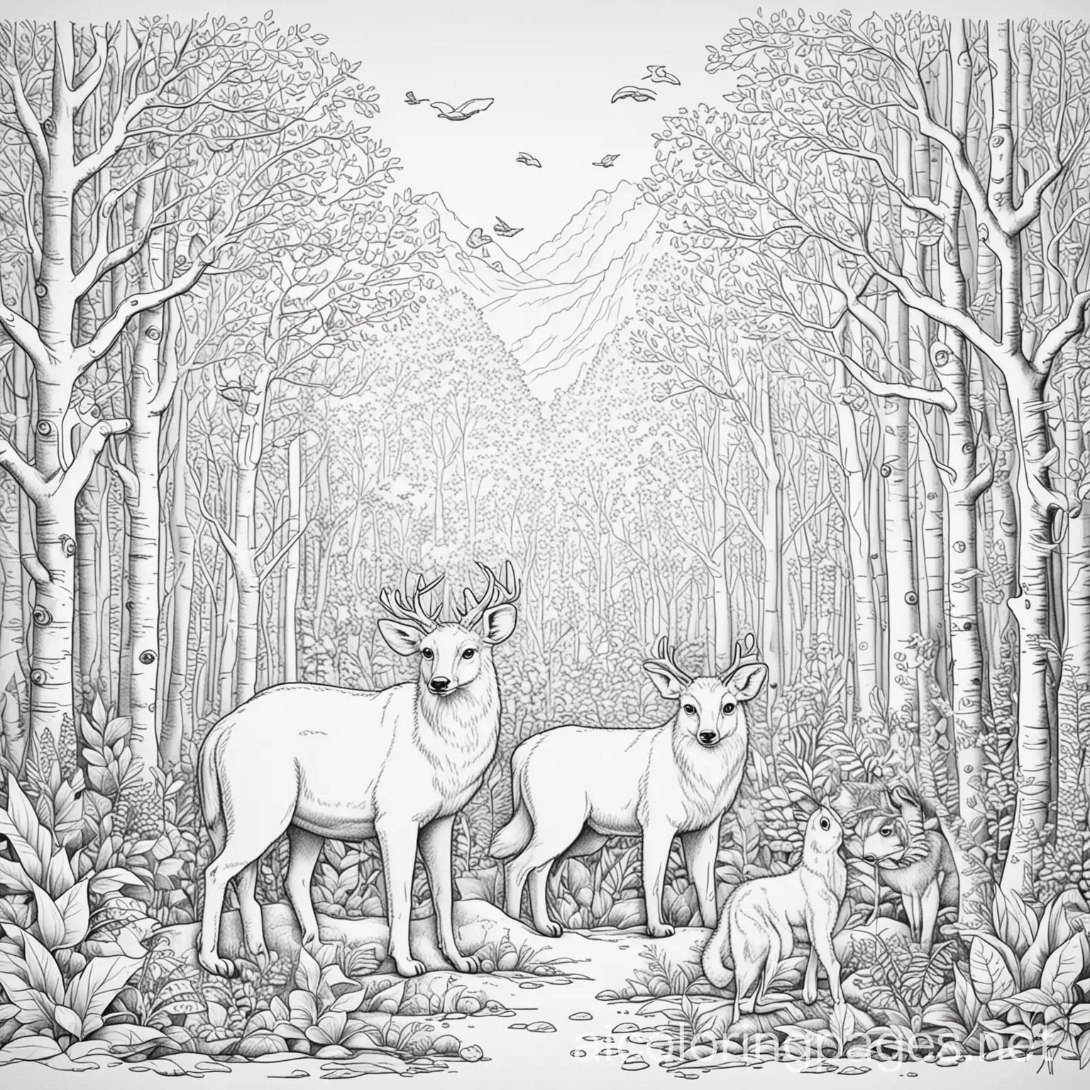  Forest animals drawing, Coloring Page, black and white, line art, white background, Simplicity, Ample White Space. The background of the coloring page is a plain white backdrop to make it easy for young children to color within the lines. The outlines of all the subjects are easily distinguishable, making it simple for kids to color without too much difficulty.

(The input does not seem to be in any language other than English, so translation is not necessary.)