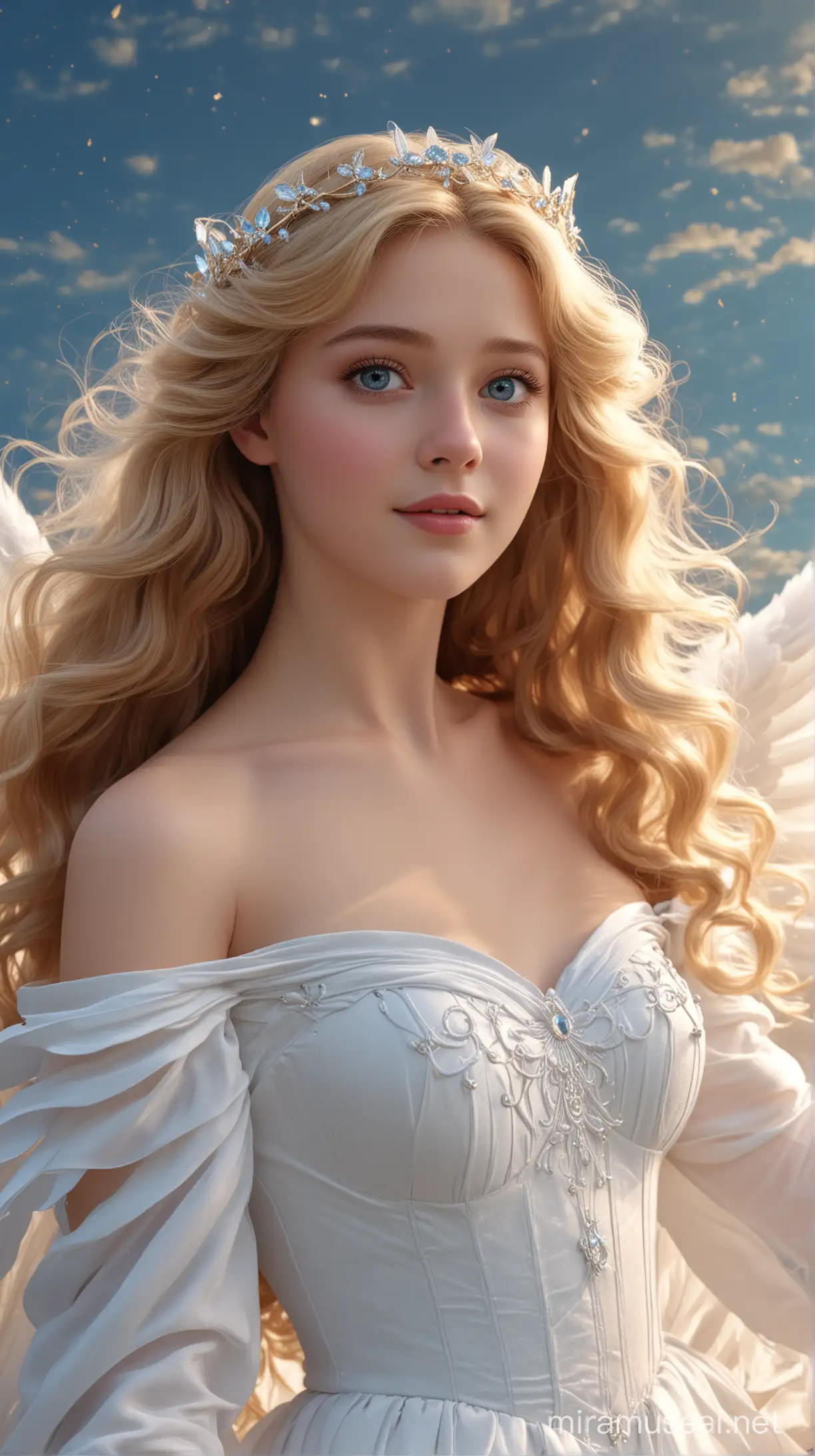 in the sky natural background an angel flies to heaven  there are disney princess Aurora France 18-years and 
long wavy blonde hair with bangs and blue eyes and celestial white dress and with large white angel wings face beautiful 8k re solution ultra-realisti