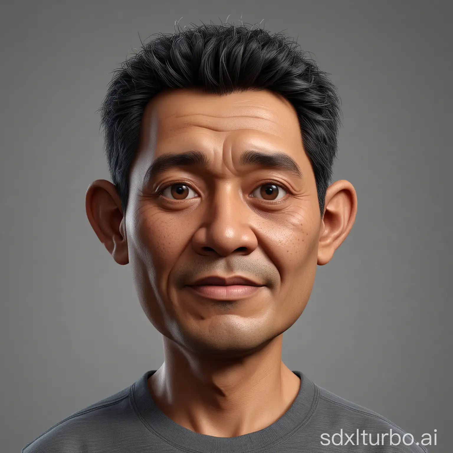 Hyperrealistic 3D Cartoon style character with big head. 50 year old Indonesian man, ideal body, gray background. Use soft photography lighting. Hair lighting, top lighting, side lighting, high quality photos, UHD, 16K