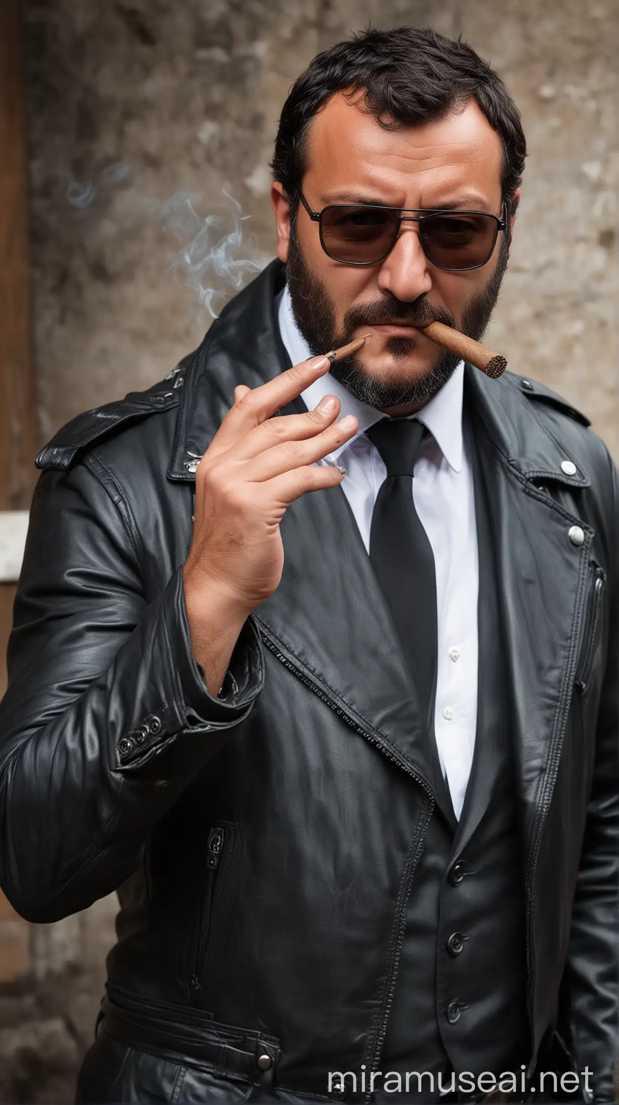 A manly muscled and bearded Matteo Salvini smoking a big cigar black leather biker style dressed wearing glasses