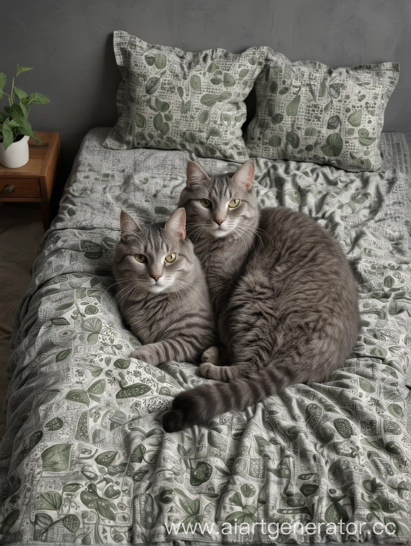 Contented-Gray-Cat-Relaxing-on-Turkish-CucumberPatterned-Bedspread