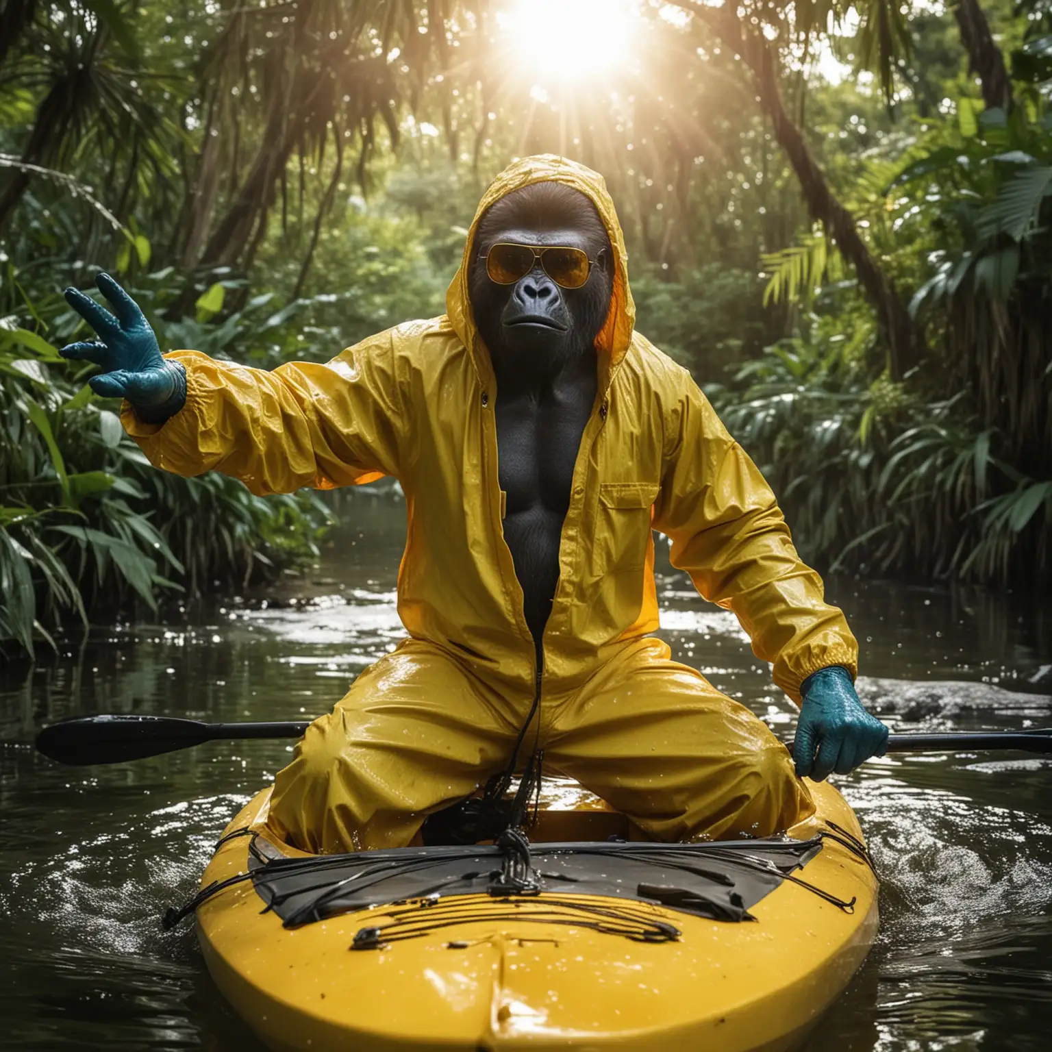 The gorilla is standing straight on top of a kayak, it's sunset, and he is navigating a river in the middle of the jungle, lots of green, trees and vegetation. The gorilla wears dark sunglasses (the sun reflects on his sunglasses) and a yellow jumpsuit like the one in the Breaking Bad series. His head is covered by the yellow hood. His hands are covered with light blue latex gloves. Many sexy women are around him in the water worshipping him .low angle camera view. movement.