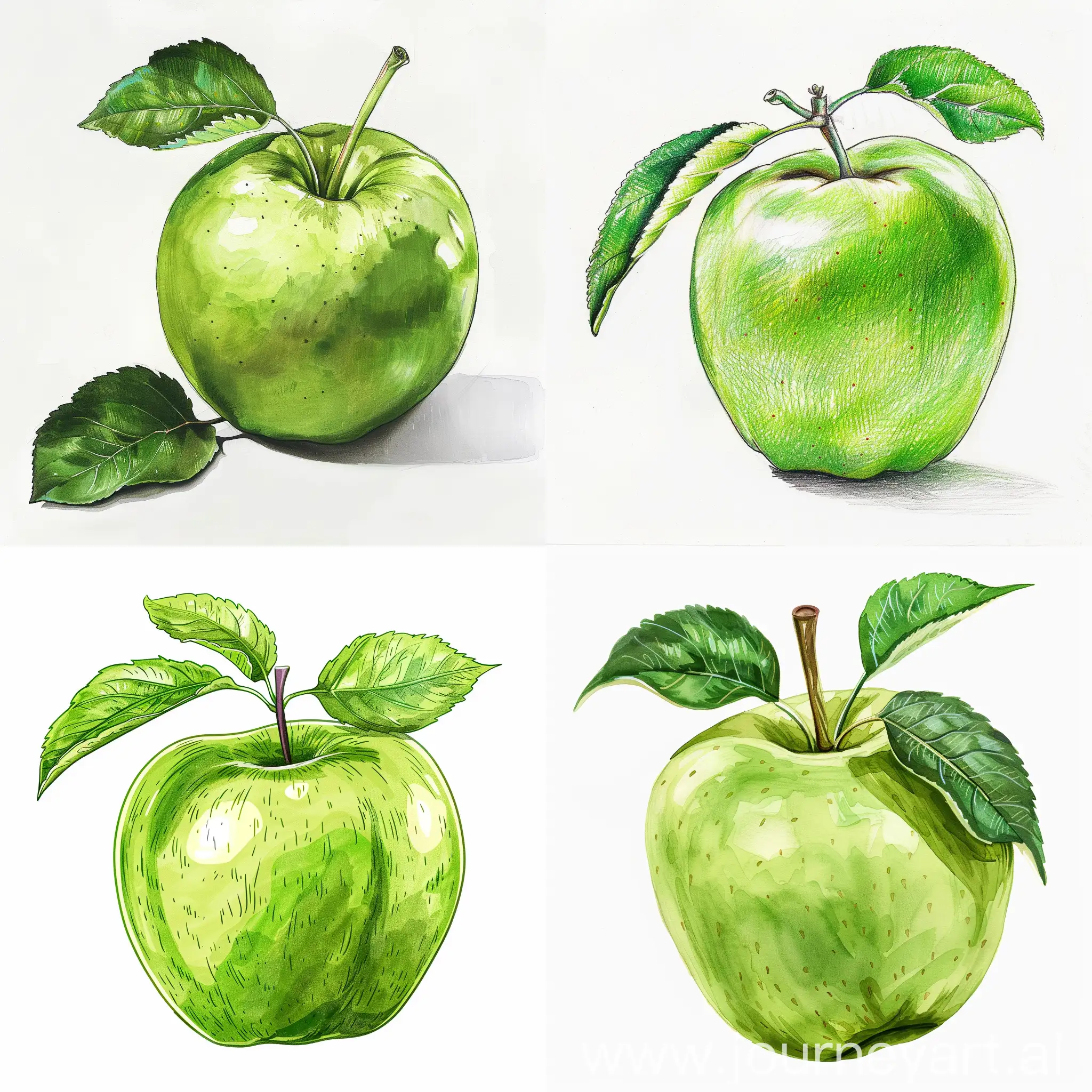 draw a green apple with leaves on a white background