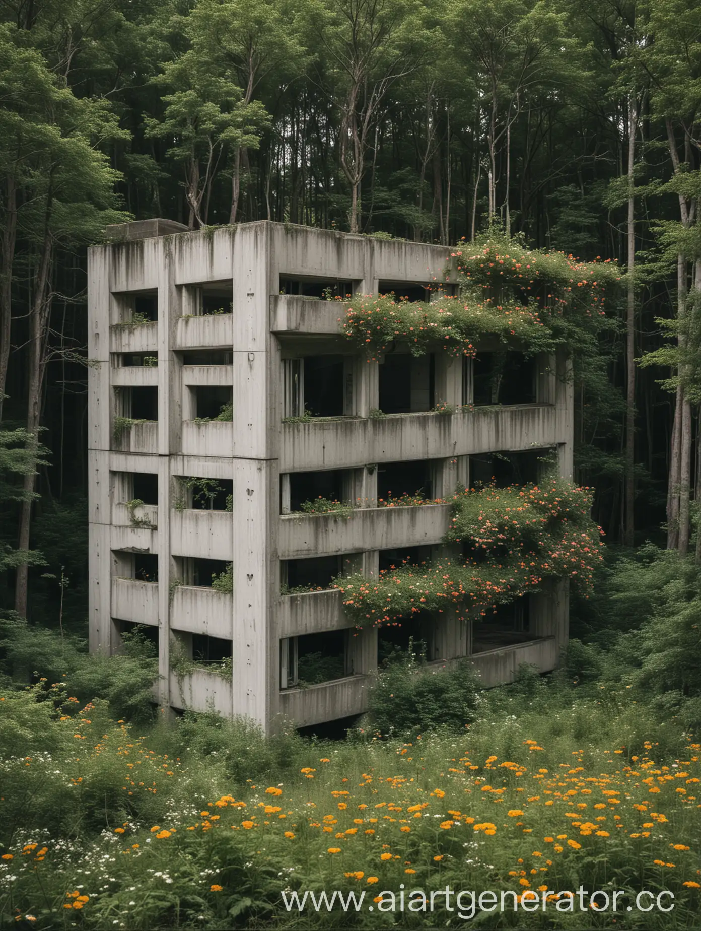 An abandoned concrete building in the middle of a forest that's already in bloom