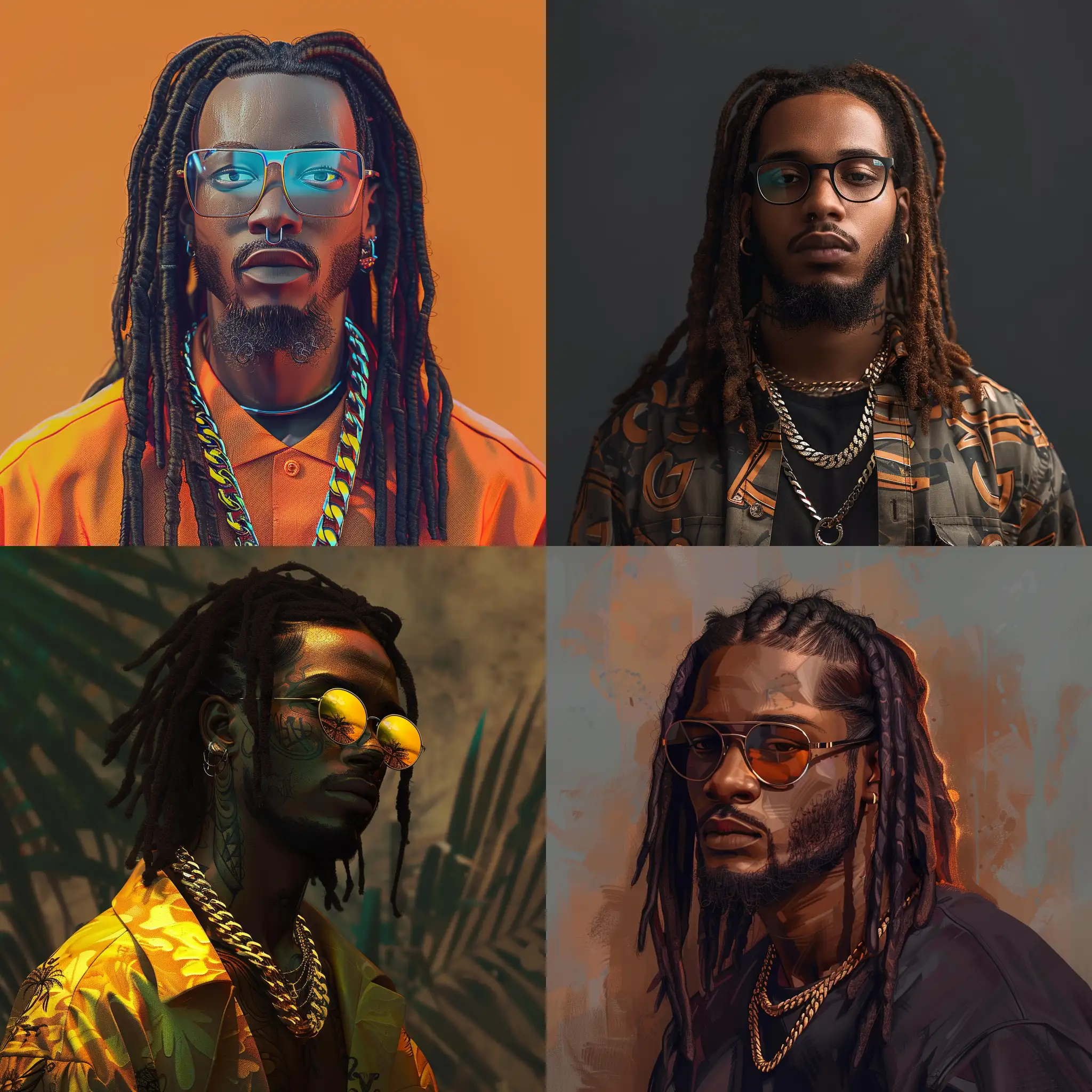 create me a simpson style african american guy with long dreadlocs, frameless glasses and cuban link chain