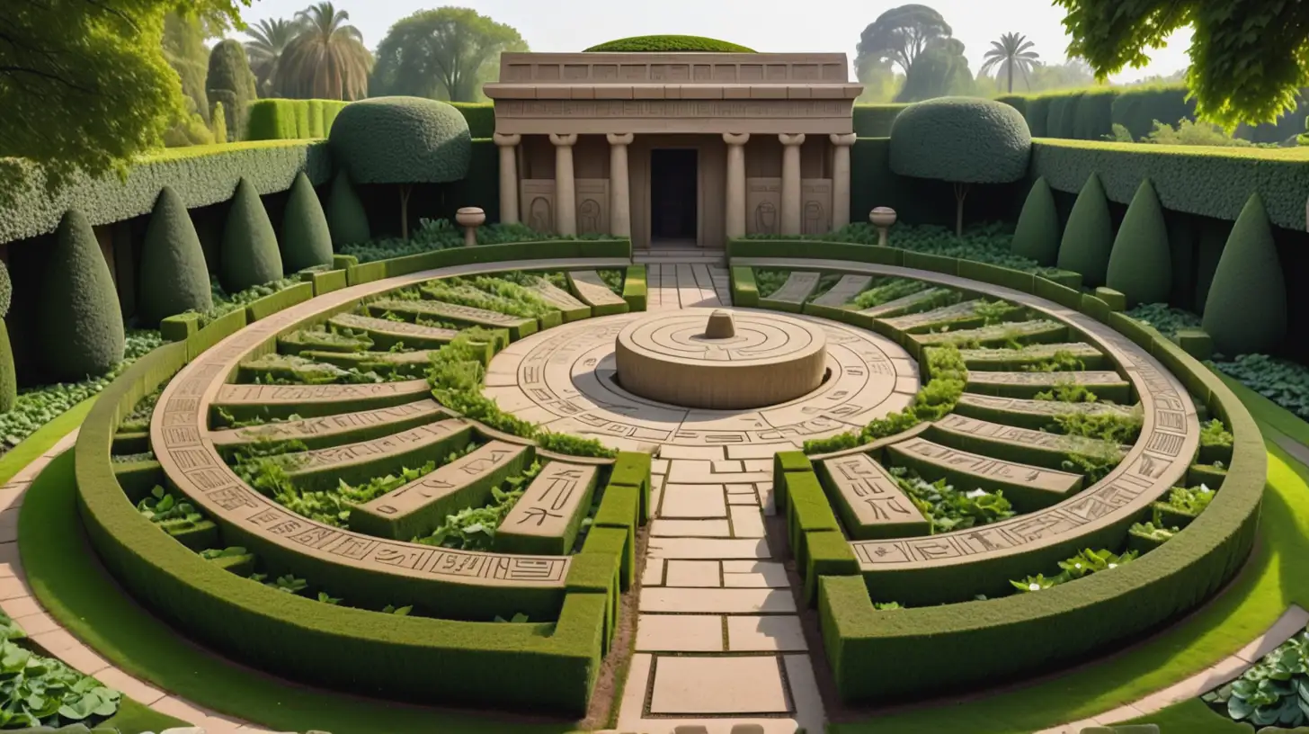 the center of hedge garden arranged like an ancient egyptian temple, no buildings, pillars covered in hedges, ivy and greenery, large round center with inscriptions on the ground and in the center is a carving of lotus flower.