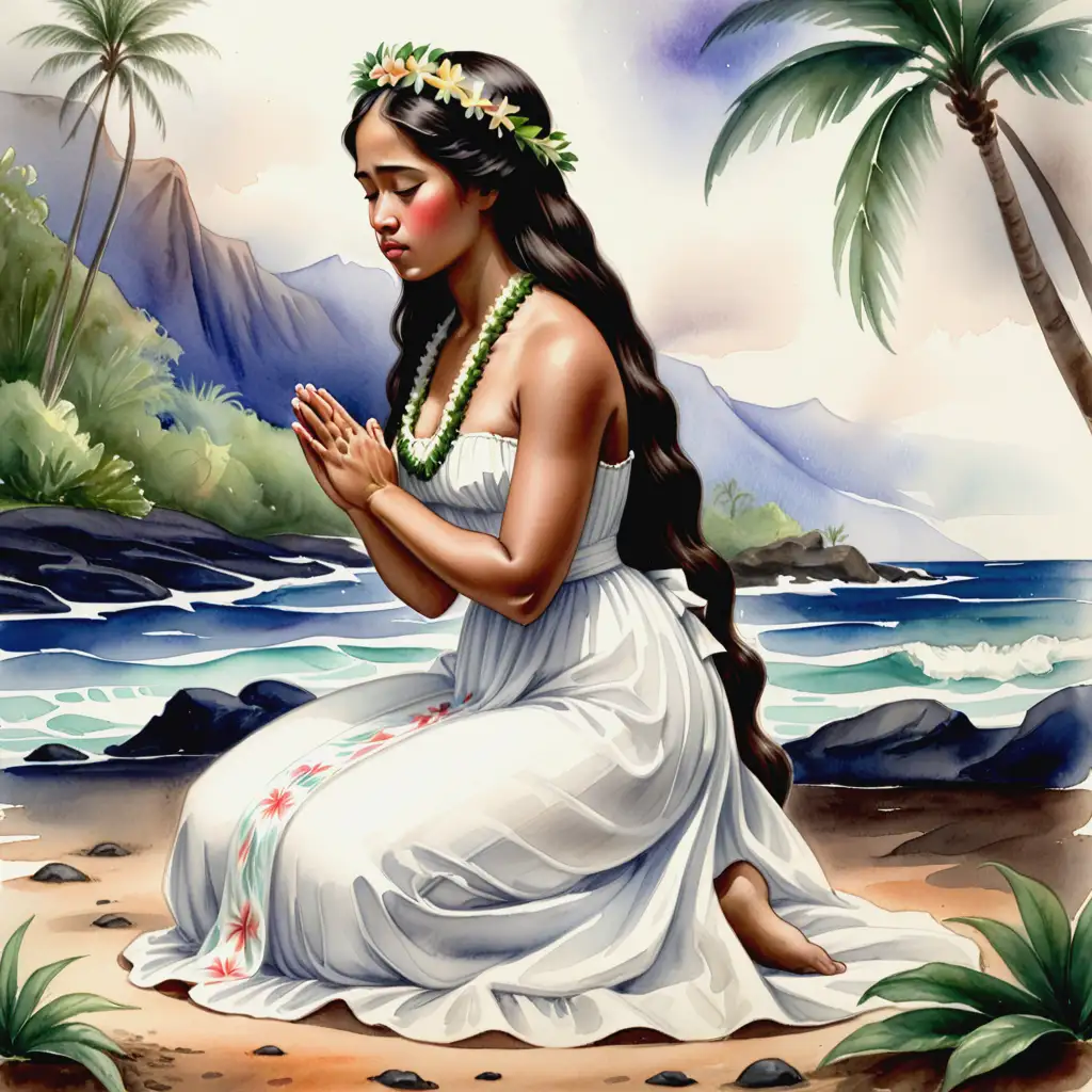  hawaiian princess 1800's wearing white dress kneels in prayer
 - watercolor art
