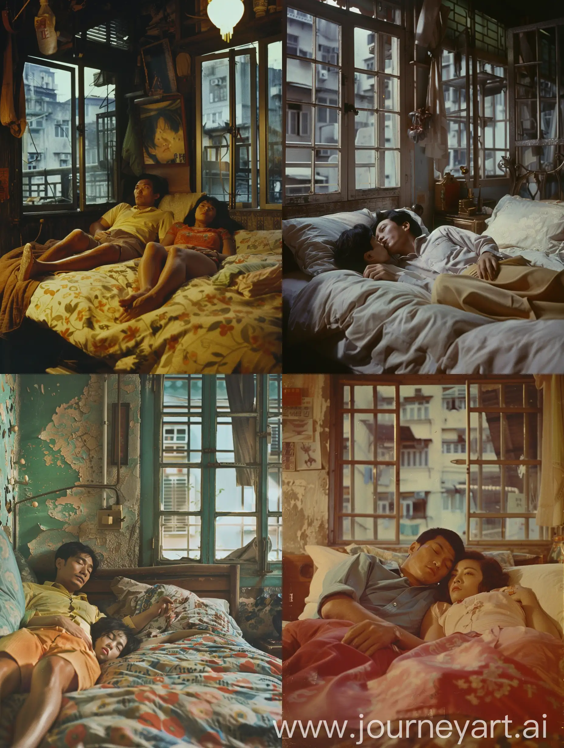 Film still, 1 man and 1 woman lying on the bed, Hong Kong 1960s, old-style architecture, directed by Wong Kar-wai, photographed by Christopher Doyle
