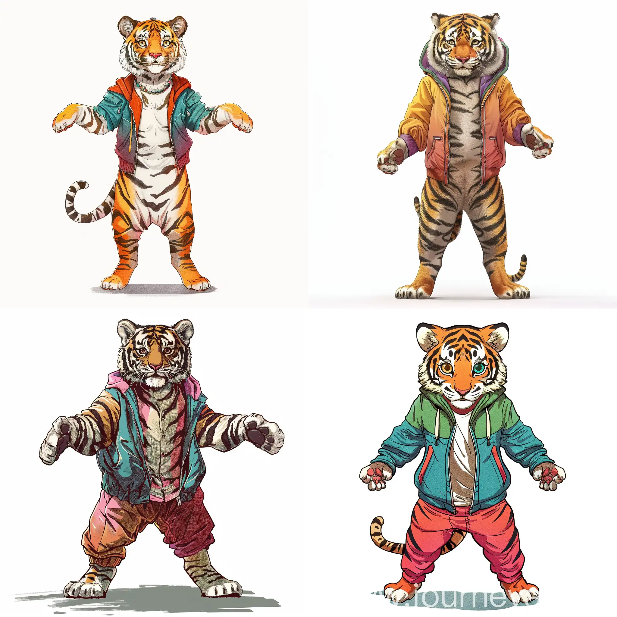 childish style, cartoon style, small detail, full-length anthropomorphic tiger cub standing on his hind legs in colored clothes, front paws to the sides, front view, white background