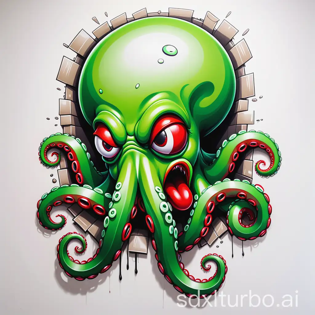 graffiti of a green octopus crawling out of paper, red mouth, strange drawing, cool face, by Derf, street art, red round nose, one eye red, graffiti, cartoon face, graffiti art, white background, t shirt art, graffiti art by Edi Rama