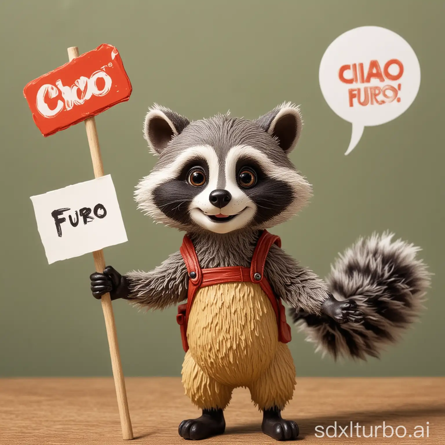 a detailed belgian comic of an happy racoon with a plastic sign with written "CIAO FURO"
