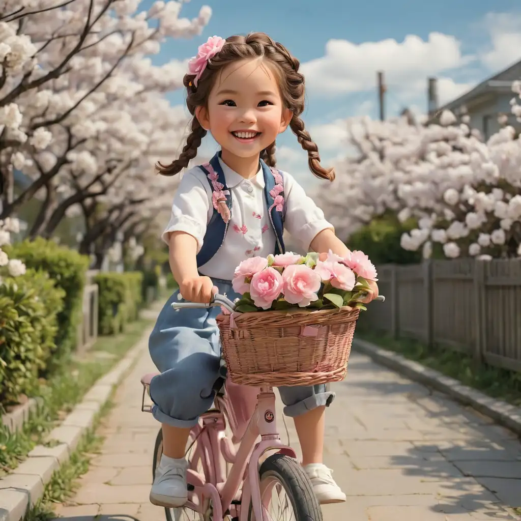一个小女孩，扎着两条麻花辫
笑的很开心
骑着前面带花篮的24寸的自行车
自行车是粉色的，篮子是白色的
在小路上，小路两边都是盛开的樱花
蓝天白云