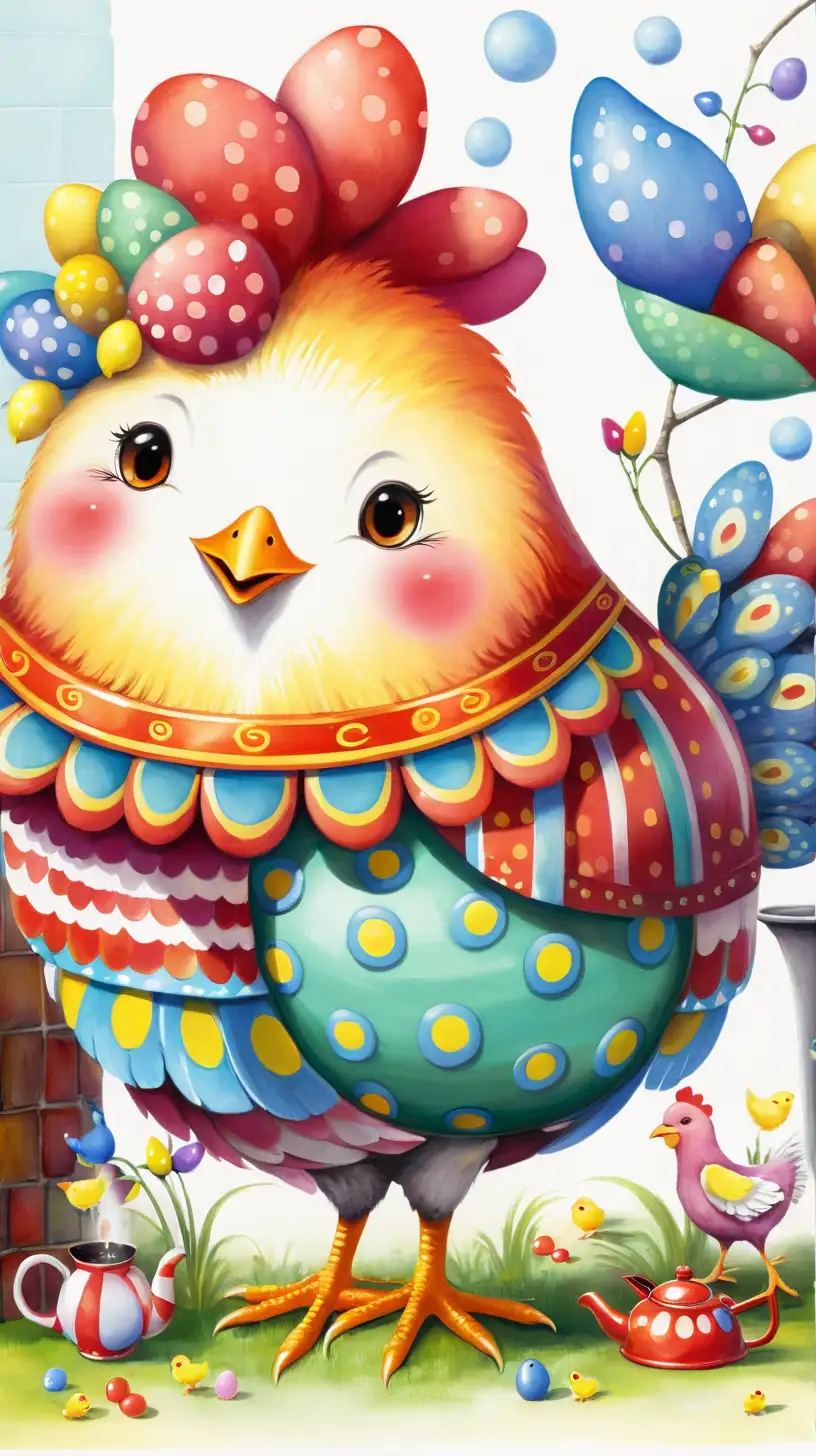 a whimsical chicken with colorful wings, body parts with different colored designs, rosy cheeks, there is a colorful kettle next to it and yellow and red chicks. Whmisical art, bright colors, joyfull image