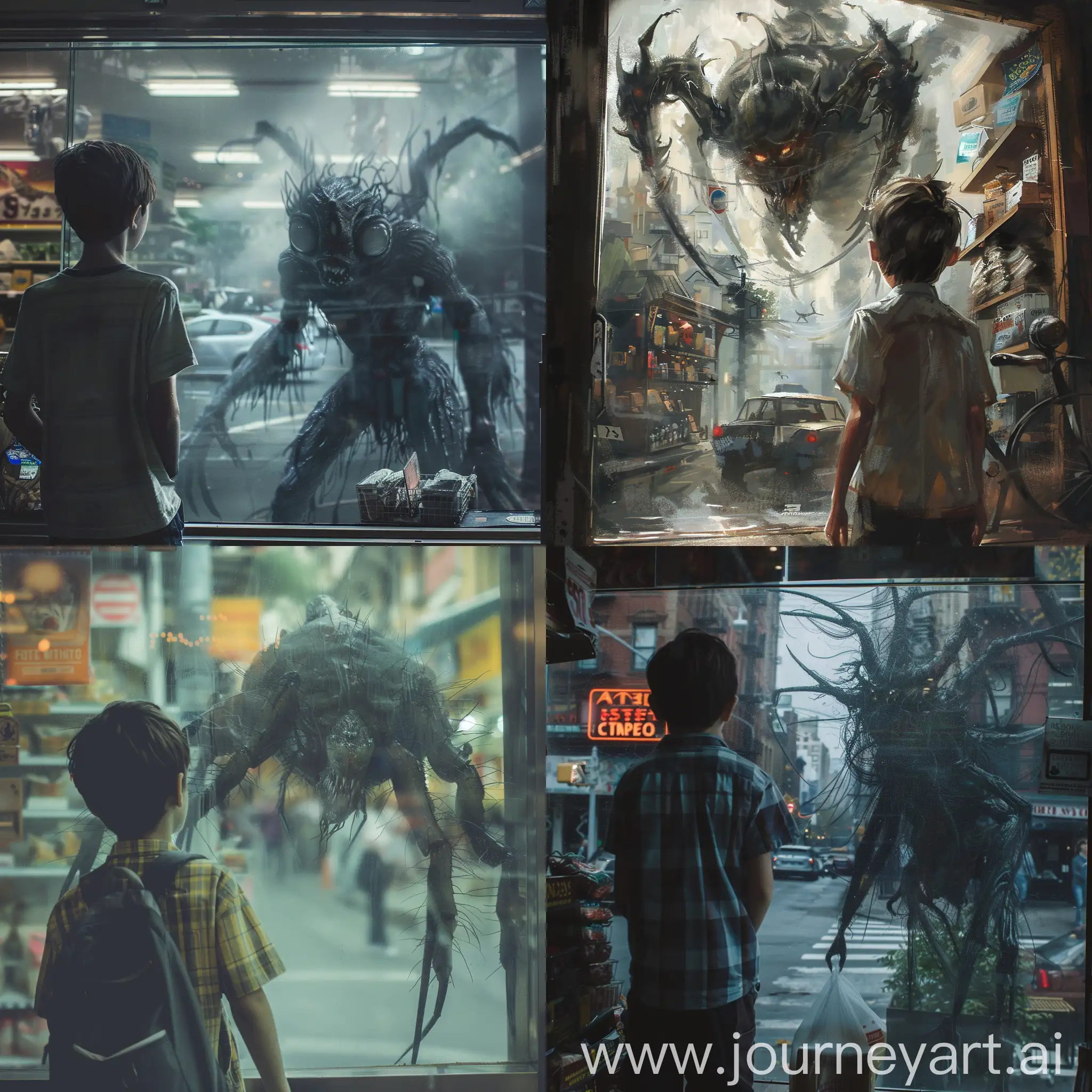 The boy in the store looks at the street through the glass at the creepy creature