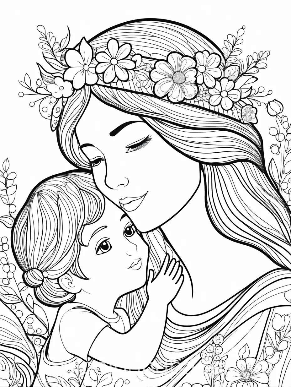 Mom and child with flowers crowns in everyday situation detailed scene, black and white coloring page, Coloring Page, black and white, line art, white background, Simplicity, Ample White Space. The background of the coloring page is plain white to make it easy for young children to color within the lines. The outlines of all the subjects are easy to distinguish, making it simple for kids to color without too much difficulty