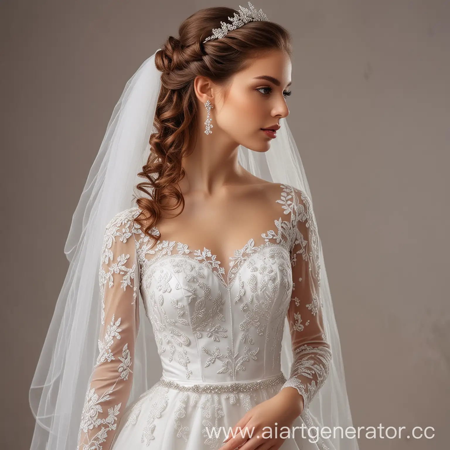 Elegant-Bride-in-Smooth-Long-Wedding-Dress-with-Veil-and-Neat-Hairstyle