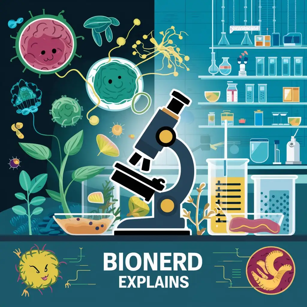 i need an image to upload as an banner for my youtube channel. the name of my channel is bionerd explains. the channels is about where i post biology related facts, info etc on dialy basis. create an image in such a way that it should include biology, life, micro and n=macroorganisms, microscope, laboratorry things etc