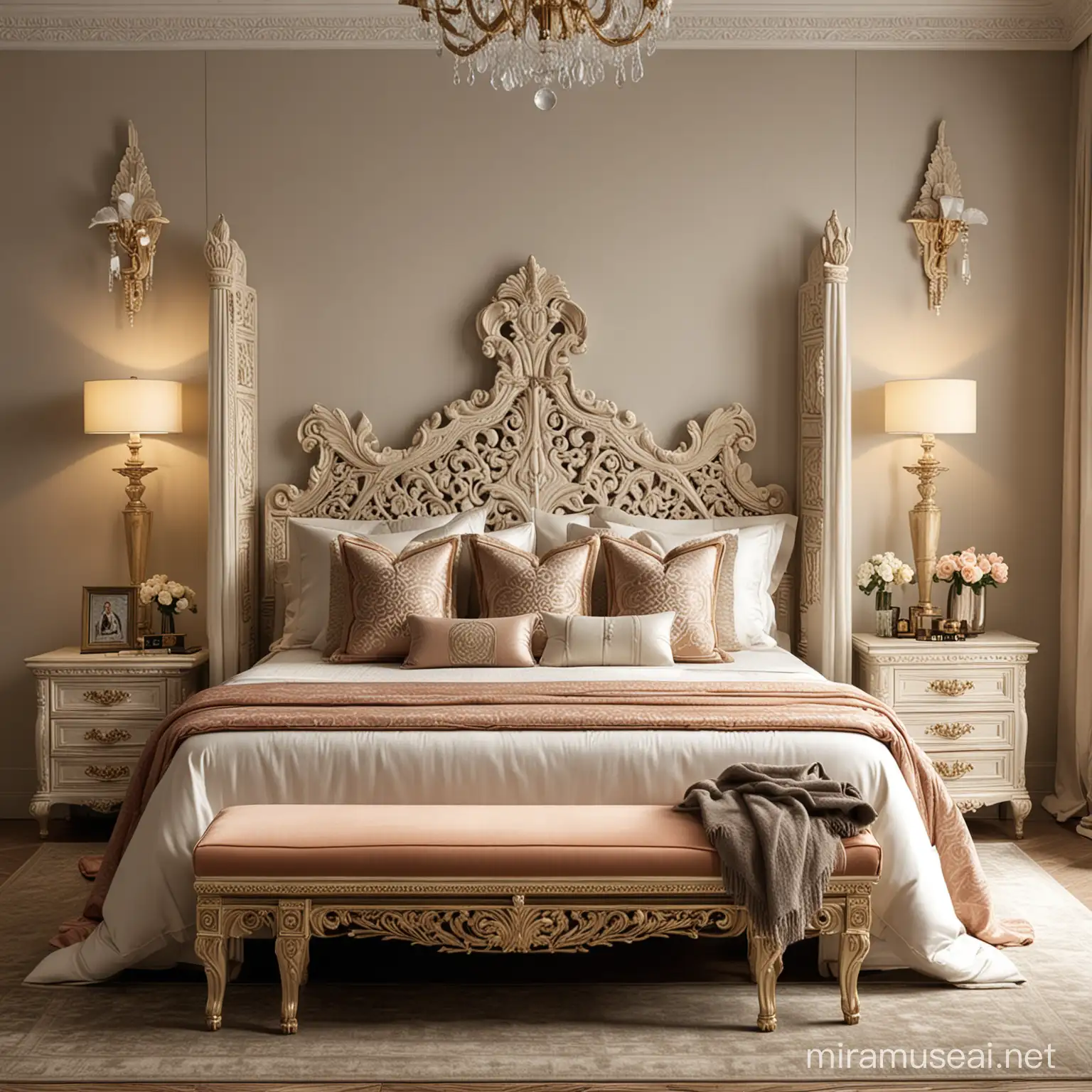 Luxurious EgyptianStyle Bedroom with Ornate Furniture and FullLength Mirror