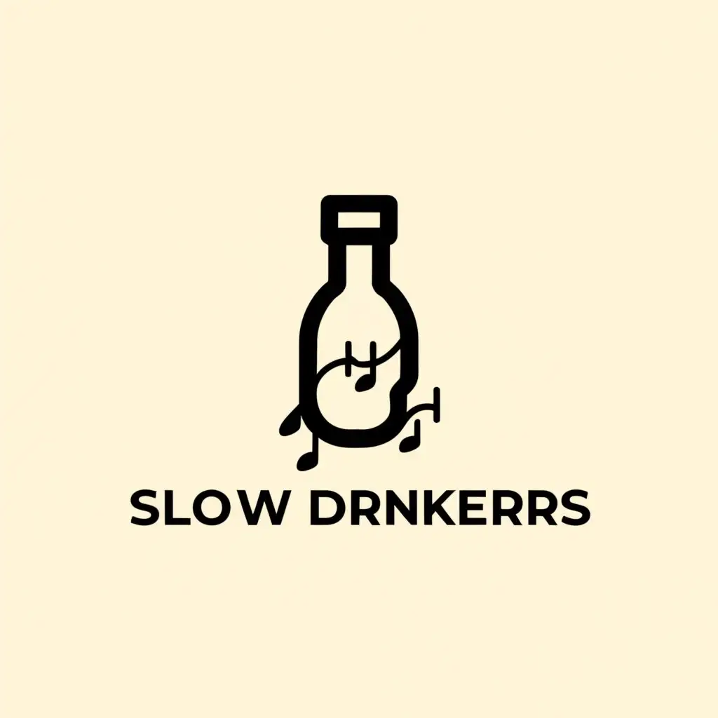 a logo design,with the text "slow drinkers", main symbol:a bottle pouring musical notes,Minimalistic,be used in Entertainment industry,clear background